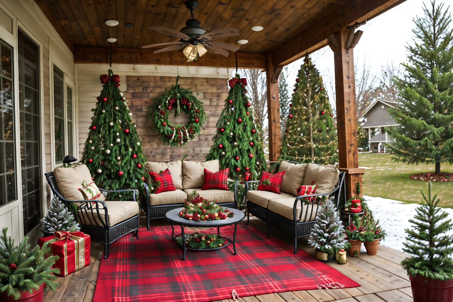 christmas-style designed (outdoor patio ) with barbeque or grill and grass and plant and patio couch with pillows and deck with deck chairs and barbeque or grill. . with a few big socks hanging and plaid rugs and christmas ornaments and snow outside and giftwrapped gifts and ribbons and berries and greenery draped and tie pinecones and berries. . cinematic photo, highly detailed, cinematic lighting, ultra-detailed, ultrarealistic, photorealism, 8k. christmas design style. masterpiece, cinematic light, ultrarealistic+, photorealistic+, 8k, raw photo, realistic, sharp focus on eyes, (symmetrical eyes), (intact eyes), hyperrealistic, highest quality, best quality, , highly detailed, masterpiece, best quality, extremely detailed 8k wallpaper, masterpiece, best quality, ultra-detailed, best shadow, detailed background, detailed face, detailed eyes, high contrast, best illumination, detailed face, dulux, caustic, dynamic angle, detailed glow. dramatic lighting. highly detailed, insanely detailed hair, symmetrical, intricate details, professionally retouched, 8k high definition. strong bokeh. award winning photo.