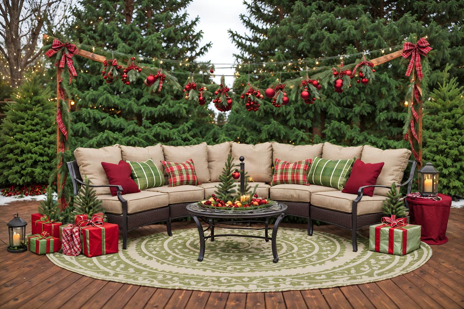 christmas-style designed (outdoor patio ) with barbeque or grill and grass and plant and patio couch with pillows and deck with deck chairs and barbeque or grill. . with a few big socks hanging and plaid rugs and christmas ornaments and snow outside and giftwrapped gifts and ribbons and berries and greenery draped and tie pinecones and berries. . cinematic photo, highly detailed, cinematic lighting, ultra-detailed, ultrarealistic, photorealism, 8k. christmas design style. masterpiece, cinematic light, ultrarealistic+, photorealistic+, 8k, raw photo, realistic, sharp focus on eyes, (symmetrical eyes), (intact eyes), hyperrealistic, highest quality, best quality, , highly detailed, masterpiece, best quality, extremely detailed 8k wallpaper, masterpiece, best quality, ultra-detailed, best shadow, detailed background, detailed face, detailed eyes, high contrast, best illumination, detailed face, dulux, caustic, dynamic angle, detailed glow. dramatic lighting. highly detailed, insanely detailed hair, symmetrical, intricate details, professionally retouched, 8k high definition. strong bokeh. award winning photo.