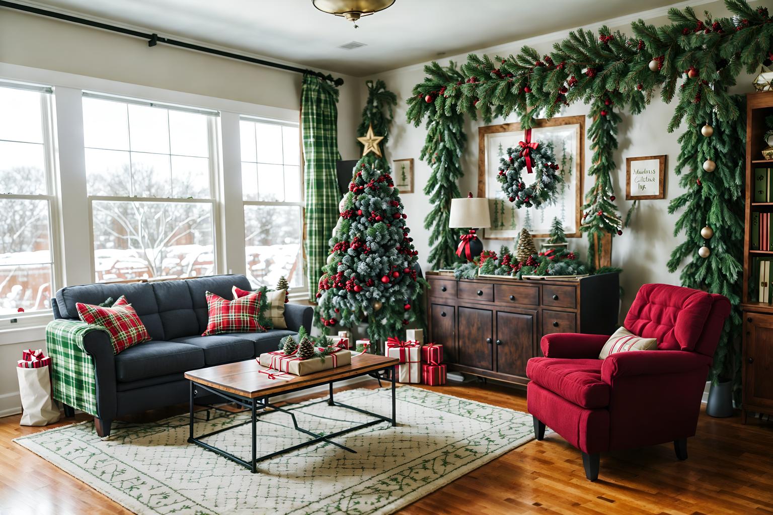 christmas-style (office interior) with lounge chairs and seating area with sofa and computer desks and windows and plants and office desks and cabinets and office chairs. . with christmas ornaments and ribbons and a few big socks hanging and plaid rugs and tie pinecones and berries and snow outside and giftwrapped gifts and berries and greenery draped. . cinematic photo, highly detailed, cinematic lighting, ultra-detailed, ultrarealistic, photorealism, 8k. christmas interior design style. masterpiece, cinematic light, ultrarealistic+, photorealistic+, 8k, raw photo, realistic, sharp focus on eyes, (symmetrical eyes), (intact eyes), hyperrealistic, highest quality, best quality, , highly detailed, masterpiece, best quality, extremely detailed 8k wallpaper, masterpiece, best quality, ultra-detailed, best shadow, detailed background, detailed face, detailed eyes, high contrast, best illumination, detailed face, dulux, caustic, dynamic angle, detailed glow. dramatic lighting. highly detailed, insanely detailed hair, symmetrical, intricate details, professionally retouched, 8k high definition. strong bokeh. award winning photo.