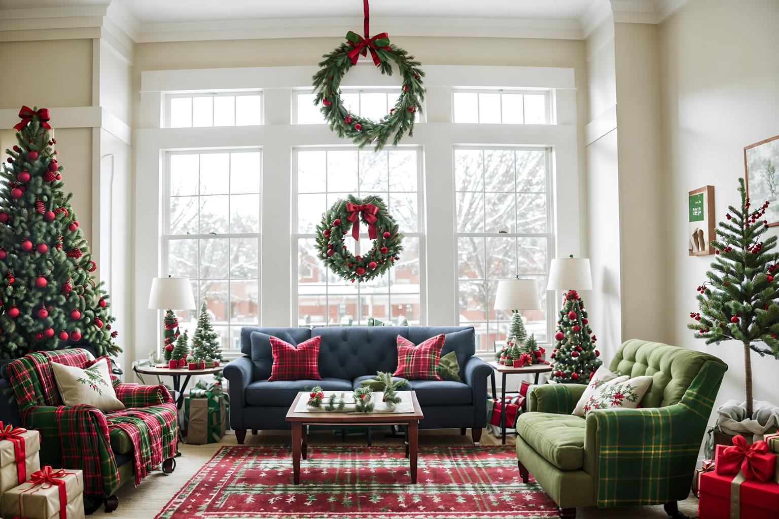 christmas-style (office interior) with lounge chairs and seating area with sofa and computer desks and windows and plants and office desks and cabinets and office chairs. . with christmas ornaments and ribbons and a few big socks hanging and plaid rugs and tie pinecones and berries and snow outside and giftwrapped gifts and berries and greenery draped. . cinematic photo, highly detailed, cinematic lighting, ultra-detailed, ultrarealistic, photorealism, 8k. christmas interior design style. masterpiece, cinematic light, ultrarealistic+, photorealistic+, 8k, raw photo, realistic, sharp focus on eyes, (symmetrical eyes), (intact eyes), hyperrealistic, highest quality, best quality, , highly detailed, masterpiece, best quality, extremely detailed 8k wallpaper, masterpiece, best quality, ultra-detailed, best shadow, detailed background, detailed face, detailed eyes, high contrast, best illumination, detailed face, dulux, caustic, dynamic angle, detailed glow. dramatic lighting. highly detailed, insanely detailed hair, symmetrical, intricate details, professionally retouched, 8k high definition. strong bokeh. award winning photo.