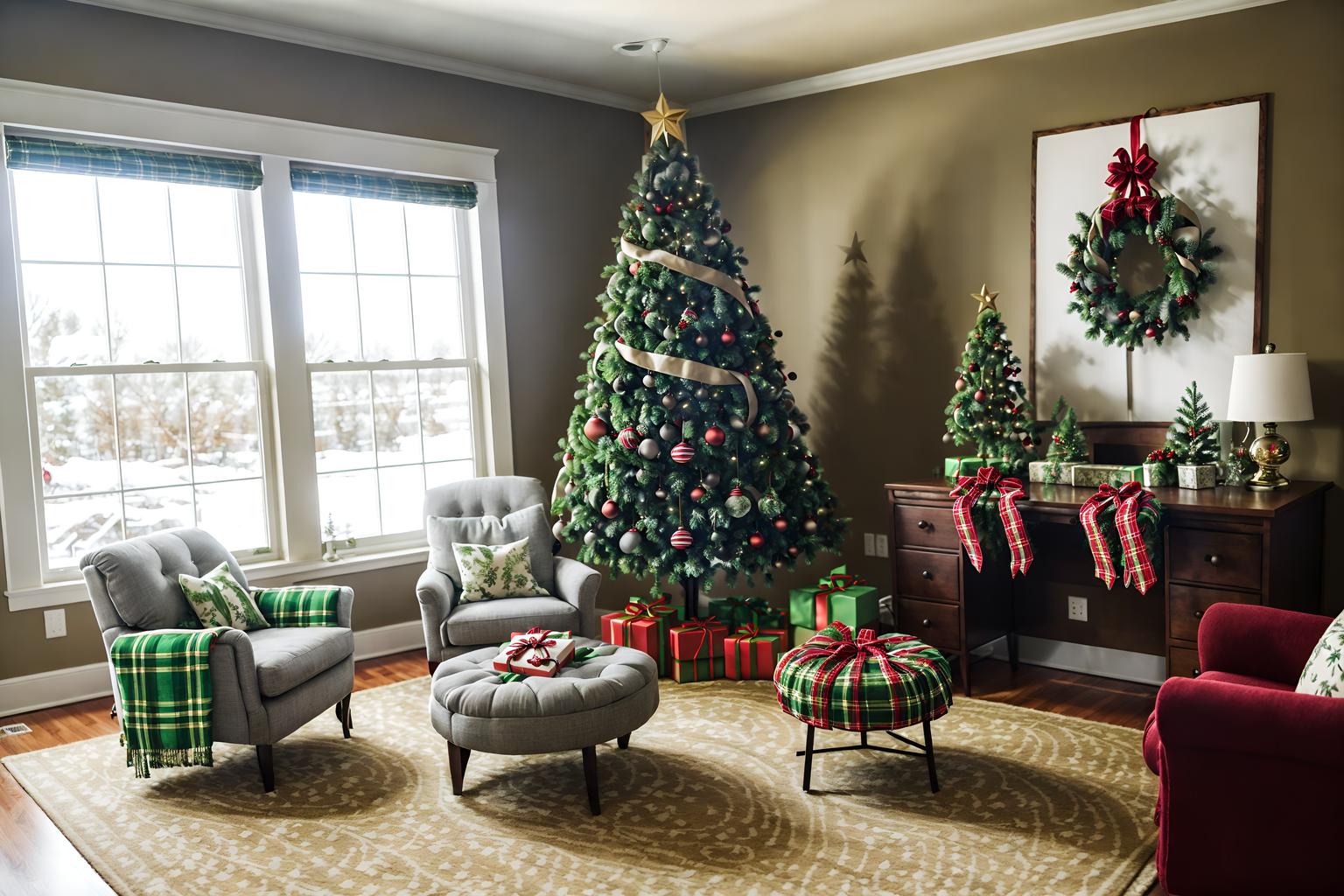 christmas-style (office interior) with lounge chairs and seating area with sofa and computer desks and windows and plants and office desks and cabinets and office chairs. . with christmas ornaments and ribbons and a few big socks hanging and plaid rugs and tie pinecones and berries and snow outside and giftwrapped gifts and berries and greenery draped. . cinematic photo, highly detailed, cinematic lighting, ultra-detailed, ultrarealistic, photorealism, 8k. christmas interior design style. masterpiece, cinematic light, ultrarealistic+, photorealistic+, 8k, raw photo, realistic, sharp focus on eyes, (symmetrical eyes), (intact eyes), hyperrealistic, highest quality, best quality, , highly detailed, masterpiece, best quality, extremely detailed 8k wallpaper, masterpiece, best quality, ultra-detailed, best shadow, detailed background, detailed face, detailed eyes, high contrast, best illumination, detailed face, dulux, caustic, dynamic angle, detailed glow. dramatic lighting. highly detailed, insanely detailed hair, symmetrical, intricate details, professionally retouched, 8k high definition. strong bokeh. award winning photo.