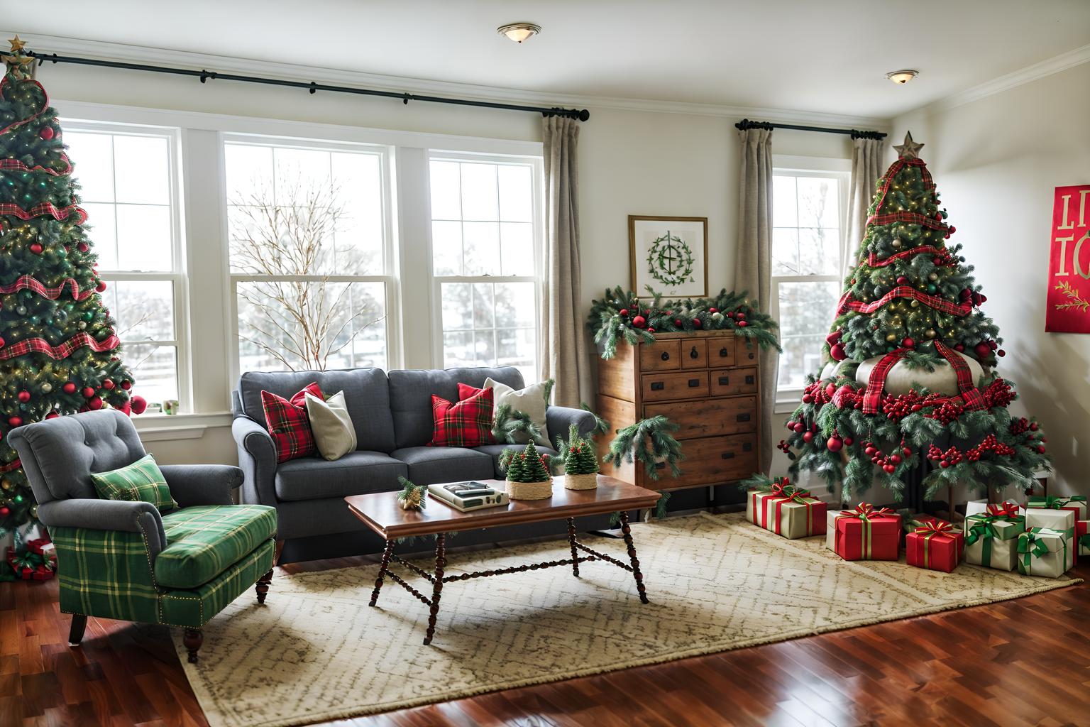 christmas-style (office interior) with lounge chairs and seating area with sofa and computer desks and windows and plants and office desks and cabinets and office chairs. . with christmas ornaments and ribbons and a few big socks hanging and plaid rugs and tie pinecones and berries and snow outside and giftwrapped gifts and berries and greenery draped. . cinematic photo, highly detailed, cinematic lighting, ultra-detailed, ultrarealistic, photorealism, 8k. christmas interior design style. masterpiece, cinematic light, ultrarealistic+, photorealistic+, 8k, raw photo, realistic, sharp focus on eyes, (symmetrical eyes), (intact eyes), hyperrealistic, highest quality, best quality, , highly detailed, masterpiece, best quality, extremely detailed 8k wallpaper, masterpiece, best quality, ultra-detailed, best shadow, detailed background, detailed face, detailed eyes, high contrast, best illumination, detailed face, dulux, caustic, dynamic angle, detailed glow. dramatic lighting. highly detailed, insanely detailed hair, symmetrical, intricate details, professionally retouched, 8k high definition. strong bokeh. award winning photo.