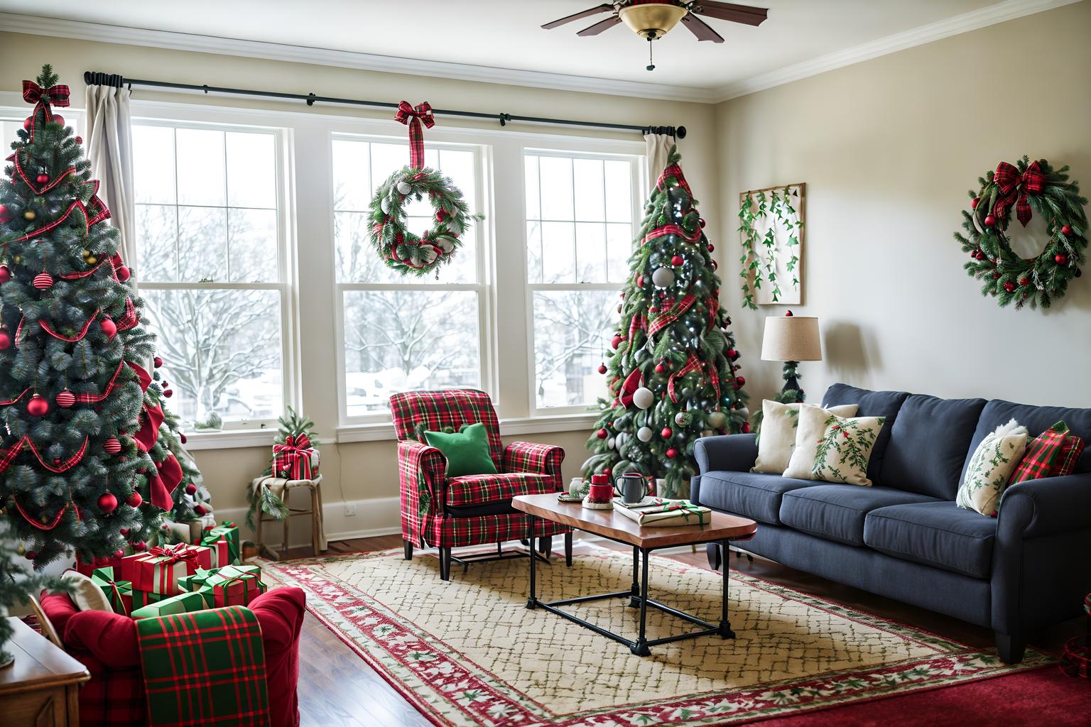 christmas-style (office interior) with lounge chairs and seating area with sofa and computer desks and windows and plants and office desks and cabinets and office chairs. . with christmas ornaments and ribbons and a few big socks hanging and plaid rugs and tie pinecones and berries and snow outside and giftwrapped gifts and berries and greenery draped. . cinematic photo, highly detailed, cinematic lighting, ultra-detailed, ultrarealistic, photorealism, 8k. christmas interior design style. masterpiece, cinematic light, ultrarealistic+, photorealistic+, 8k, raw photo, realistic, sharp focus on eyes, (symmetrical eyes), (intact eyes), hyperrealistic, highest quality, best quality, , highly detailed, masterpiece, best quality, extremely detailed 8k wallpaper, masterpiece, best quality, ultra-detailed, best shadow, detailed background, detailed face, detailed eyes, high contrast, best illumination, detailed face, dulux, caustic, dynamic angle, detailed glow. dramatic lighting. highly detailed, insanely detailed hair, symmetrical, intricate details, professionally retouched, 8k high definition. strong bokeh. award winning photo.
