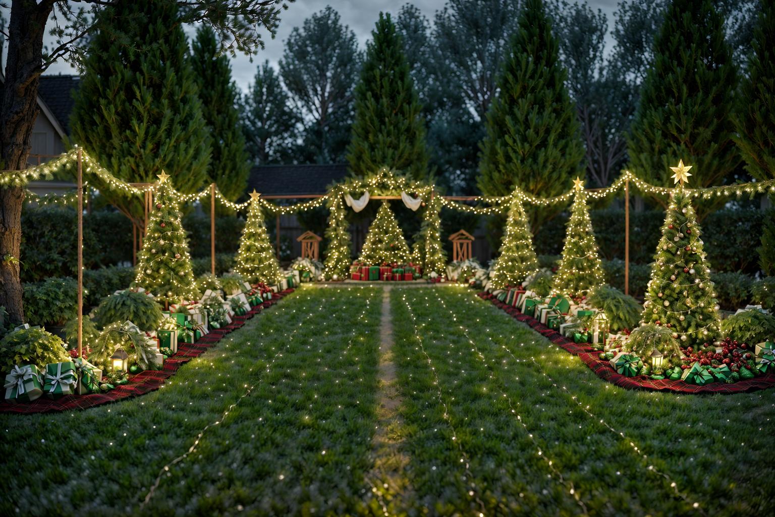 christmas-style designed (outdoor garden ) with garden plants and grass and garden tree and garden plants. . with berries and greenery draped and plaid rugs and snow outside and christmas ornaments and ribbons and giftwrapped gifts and tie pinecones and berries and a few big socks hanging. . cinematic photo, highly detailed, cinematic lighting, ultra-detailed, ultrarealistic, photorealism, 8k. christmas design style. masterpiece, cinematic light, ultrarealistic+, photorealistic+, 8k, raw photo, realistic, sharp focus on eyes, (symmetrical eyes), (intact eyes), hyperrealistic, highest quality, best quality, , highly detailed, masterpiece, best quality, extremely detailed 8k wallpaper, masterpiece, best quality, ultra-detailed, best shadow, detailed background, detailed face, detailed eyes, high contrast, best illumination, detailed face, dulux, caustic, dynamic angle, detailed glow. dramatic lighting. highly detailed, insanely detailed hair, symmetrical, intricate details, professionally retouched, 8k high definition. strong bokeh. award winning photo.