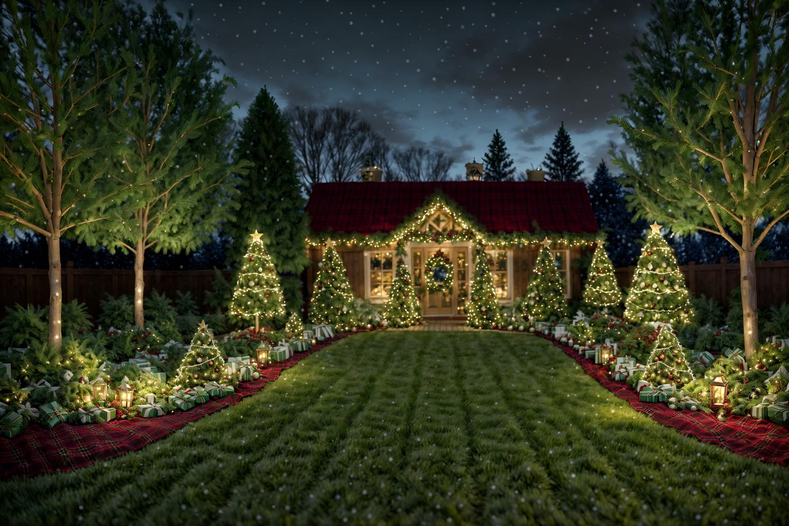 christmas-style designed (outdoor garden ) with garden plants and grass and garden tree and garden plants. . with berries and greenery draped and plaid rugs and snow outside and christmas ornaments and ribbons and giftwrapped gifts and tie pinecones and berries and a few big socks hanging. . cinematic photo, highly detailed, cinematic lighting, ultra-detailed, ultrarealistic, photorealism, 8k. christmas design style. masterpiece, cinematic light, ultrarealistic+, photorealistic+, 8k, raw photo, realistic, sharp focus on eyes, (symmetrical eyes), (intact eyes), hyperrealistic, highest quality, best quality, , highly detailed, masterpiece, best quality, extremely detailed 8k wallpaper, masterpiece, best quality, ultra-detailed, best shadow, detailed background, detailed face, detailed eyes, high contrast, best illumination, detailed face, dulux, caustic, dynamic angle, detailed glow. dramatic lighting. highly detailed, insanely detailed hair, symmetrical, intricate details, professionally retouched, 8k high definition. strong bokeh. award winning photo.