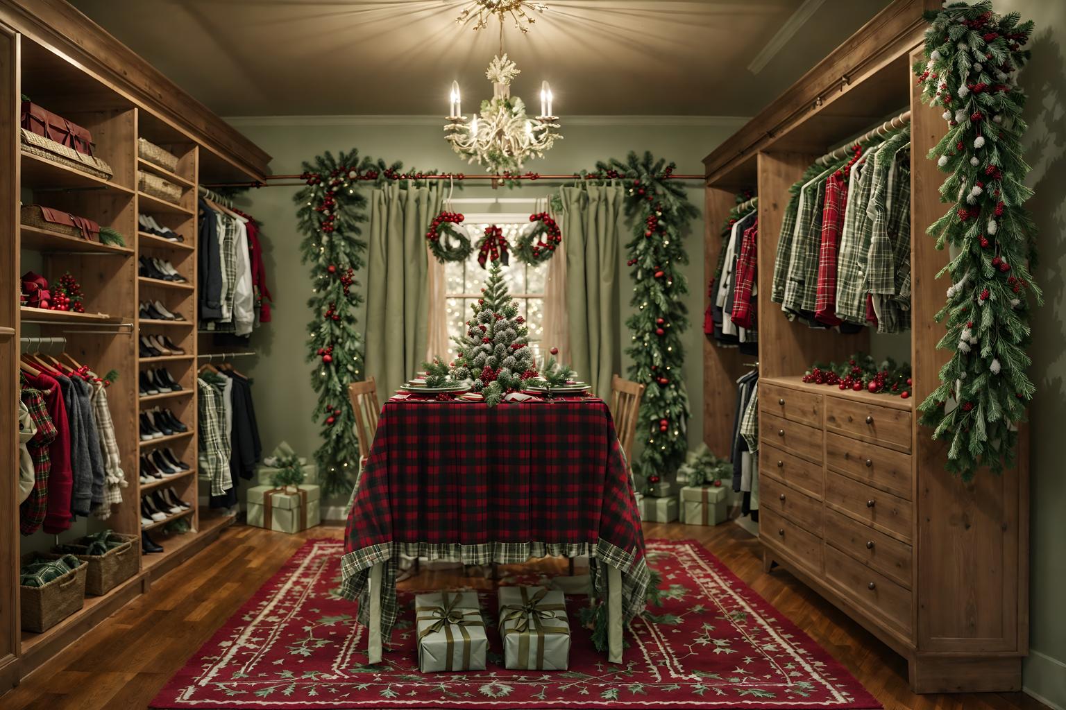 christmas-style (walk in closet interior) . with tie pinecones and berries and berries and greenery draped and plaid rugs and ribbons and a few big socks hanging and christmas ornaments and snow outside and giftwrapped gifts. . cinematic photo, highly detailed, cinematic lighting, ultra-detailed, ultrarealistic, photorealism, 8k. christmas interior design style. masterpiece, cinematic light, ultrarealistic+, photorealistic+, 8k, raw photo, realistic, sharp focus on eyes, (symmetrical eyes), (intact eyes), hyperrealistic, highest quality, best quality, , highly detailed, masterpiece, best quality, extremely detailed 8k wallpaper, masterpiece, best quality, ultra-detailed, best shadow, detailed background, detailed face, detailed eyes, high contrast, best illumination, detailed face, dulux, caustic, dynamic angle, detailed glow. dramatic lighting. highly detailed, insanely detailed hair, symmetrical, intricate details, professionally retouched, 8k high definition. strong bokeh. award winning photo.