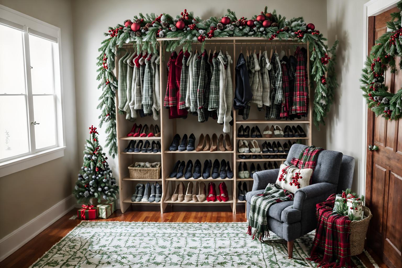 christmas-style (walk in closet interior) . with tie pinecones and berries and berries and greenery draped and plaid rugs and ribbons and a few big socks hanging and christmas ornaments and snow outside and giftwrapped gifts. . cinematic photo, highly detailed, cinematic lighting, ultra-detailed, ultrarealistic, photorealism, 8k. christmas interior design style. masterpiece, cinematic light, ultrarealistic+, photorealistic+, 8k, raw photo, realistic, sharp focus on eyes, (symmetrical eyes), (intact eyes), hyperrealistic, highest quality, best quality, , highly detailed, masterpiece, best quality, extremely detailed 8k wallpaper, masterpiece, best quality, ultra-detailed, best shadow, detailed background, detailed face, detailed eyes, high contrast, best illumination, detailed face, dulux, caustic, dynamic angle, detailed glow. dramatic lighting. highly detailed, insanely detailed hair, symmetrical, intricate details, professionally retouched, 8k high definition. strong bokeh. award winning photo.