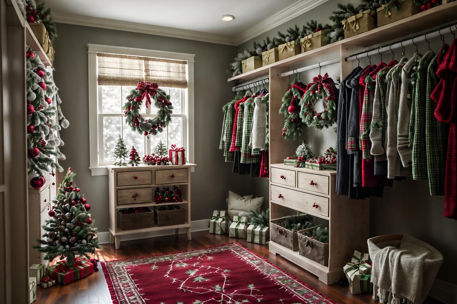 christmas-style (walk in closet interior) . with tie pinecones and berries and berries and greenery draped and plaid rugs and ribbons and a few big socks hanging and christmas ornaments and snow outside and giftwrapped gifts. . cinematic photo, highly detailed, cinematic lighting, ultra-detailed, ultrarealistic, photorealism, 8k. christmas interior design style. masterpiece, cinematic light, ultrarealistic+, photorealistic+, 8k, raw photo, realistic, sharp focus on eyes, (symmetrical eyes), (intact eyes), hyperrealistic, highest quality, best quality, , highly detailed, masterpiece, best quality, extremely detailed 8k wallpaper, masterpiece, best quality, ultra-detailed, best shadow, detailed background, detailed face, detailed eyes, high contrast, best illumination, detailed face, dulux, caustic, dynamic angle, detailed glow. dramatic lighting. highly detailed, insanely detailed hair, symmetrical, intricate details, professionally retouched, 8k high definition. strong bokeh. award winning photo.