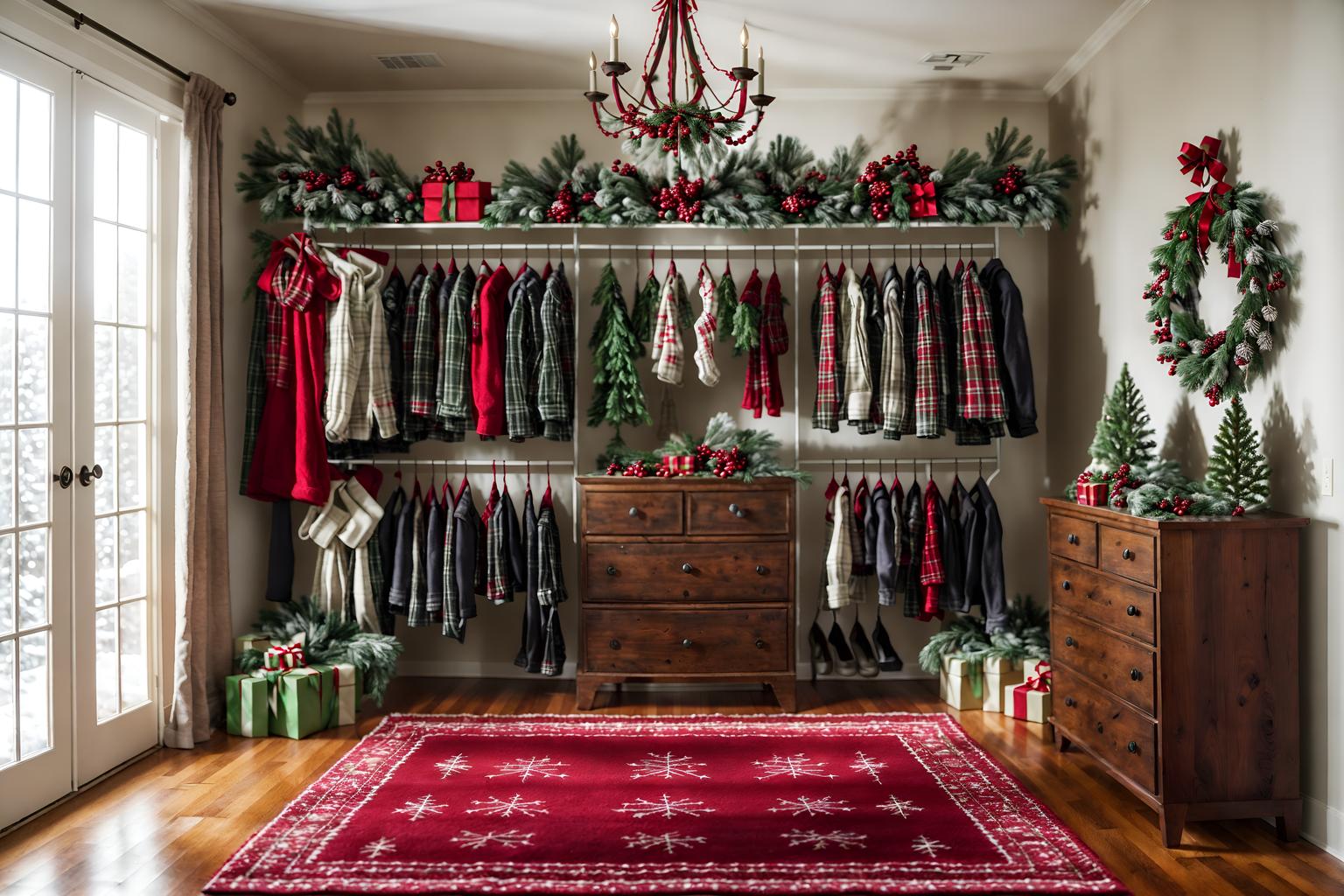 christmas-style (walk in closet interior) . with tie pinecones and berries and berries and greenery draped and plaid rugs and ribbons and a few big socks hanging and christmas ornaments and snow outside and giftwrapped gifts. . cinematic photo, highly detailed, cinematic lighting, ultra-detailed, ultrarealistic, photorealism, 8k. christmas interior design style. masterpiece, cinematic light, ultrarealistic+, photorealistic+, 8k, raw photo, realistic, sharp focus on eyes, (symmetrical eyes), (intact eyes), hyperrealistic, highest quality, best quality, , highly detailed, masterpiece, best quality, extremely detailed 8k wallpaper, masterpiece, best quality, ultra-detailed, best shadow, detailed background, detailed face, detailed eyes, high contrast, best illumination, detailed face, dulux, caustic, dynamic angle, detailed glow. dramatic lighting. highly detailed, insanely detailed hair, symmetrical, intricate details, professionally retouched, 8k high definition. strong bokeh. award winning photo.