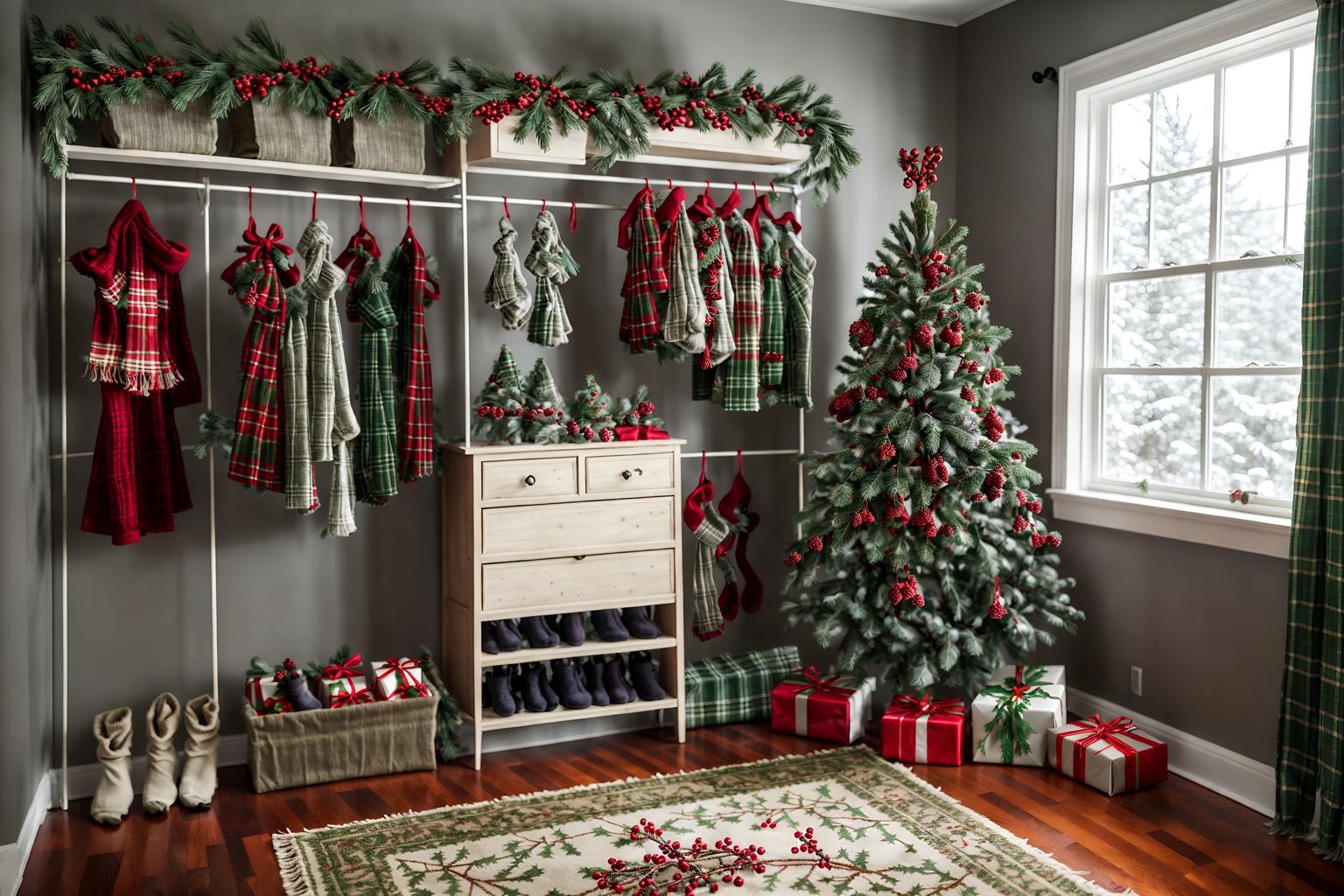 christmas-style (walk in closet interior) . with tie pinecones and berries and berries and greenery draped and plaid rugs and ribbons and a few big socks hanging and christmas ornaments and snow outside and giftwrapped gifts. . cinematic photo, highly detailed, cinematic lighting, ultra-detailed, ultrarealistic, photorealism, 8k. christmas interior design style. masterpiece, cinematic light, ultrarealistic+, photorealistic+, 8k, raw photo, realistic, sharp focus on eyes, (symmetrical eyes), (intact eyes), hyperrealistic, highest quality, best quality, , highly detailed, masterpiece, best quality, extremely detailed 8k wallpaper, masterpiece, best quality, ultra-detailed, best shadow, detailed background, detailed face, detailed eyes, high contrast, best illumination, detailed face, dulux, caustic, dynamic angle, detailed glow. dramatic lighting. highly detailed, insanely detailed hair, symmetrical, intricate details, professionally retouched, 8k high definition. strong bokeh. award winning photo.