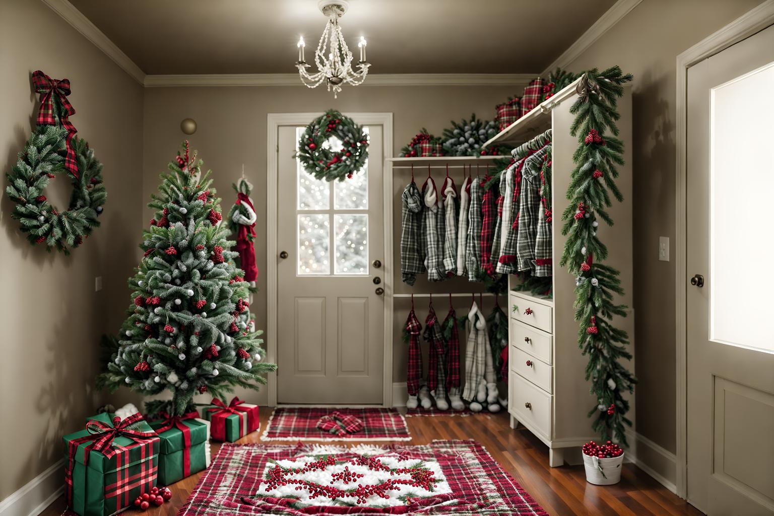 christmas-style (walk in closet interior) . with tie pinecones and berries and berries and greenery draped and plaid rugs and ribbons and a few big socks hanging and christmas ornaments and snow outside and giftwrapped gifts. . cinematic photo, highly detailed, cinematic lighting, ultra-detailed, ultrarealistic, photorealism, 8k. christmas interior design style. masterpiece, cinematic light, ultrarealistic+, photorealistic+, 8k, raw photo, realistic, sharp focus on eyes, (symmetrical eyes), (intact eyes), hyperrealistic, highest quality, best quality, , highly detailed, masterpiece, best quality, extremely detailed 8k wallpaper, masterpiece, best quality, ultra-detailed, best shadow, detailed background, detailed face, detailed eyes, high contrast, best illumination, detailed face, dulux, caustic, dynamic angle, detailed glow. dramatic lighting. highly detailed, insanely detailed hair, symmetrical, intricate details, professionally retouched, 8k high definition. strong bokeh. award winning photo.