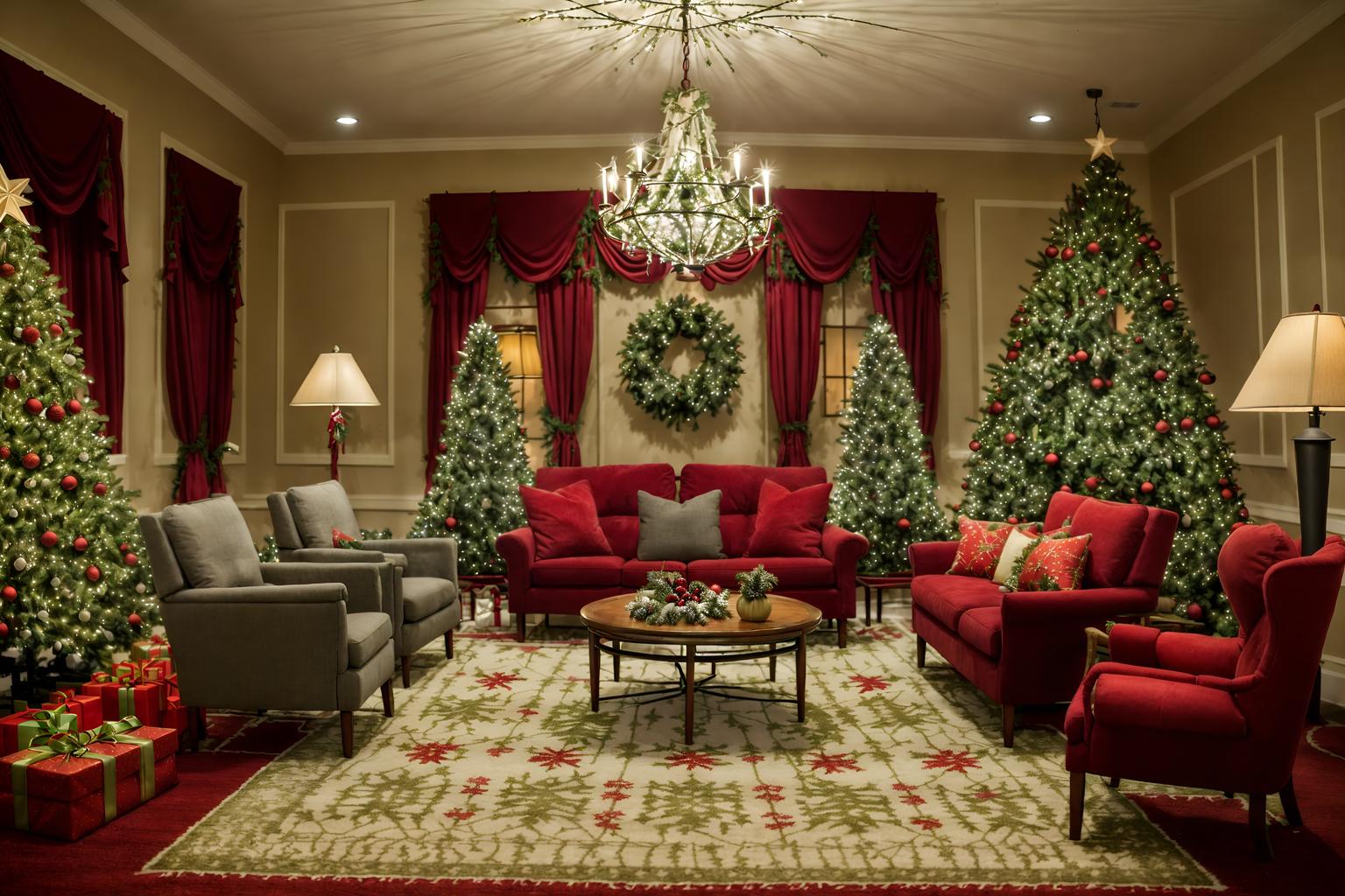 christmas-style (hotel lobby interior) with hanging lamps and sofas and coffee tables and lounge chairs and furniture and plant and rug and check in desk. . with a few big socks hanging and snow outside and giftwrapped gifts and plaid rugs and tie pinecones and berries and christmas ornaments and berries and greenery draped and ribbons. . cinematic photo, highly detailed, cinematic lighting, ultra-detailed, ultrarealistic, photorealism, 8k. christmas interior design style. masterpiece, cinematic light, ultrarealistic+, photorealistic+, 8k, raw photo, realistic, sharp focus on eyes, (symmetrical eyes), (intact eyes), hyperrealistic, highest quality, best quality, , highly detailed, masterpiece, best quality, extremely detailed 8k wallpaper, masterpiece, best quality, ultra-detailed, best shadow, detailed background, detailed face, detailed eyes, high contrast, best illumination, detailed face, dulux, caustic, dynamic angle, detailed glow. dramatic lighting. highly detailed, insanely detailed hair, symmetrical, intricate details, professionally retouched, 8k high definition. strong bokeh. award winning photo.