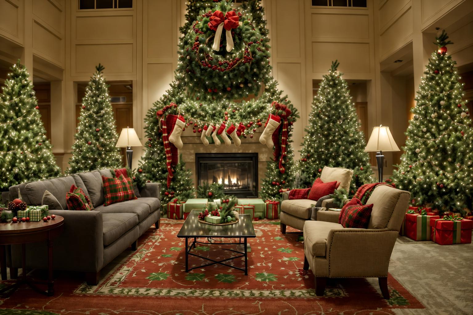 christmas-style (hotel lobby interior) with hanging lamps and sofas and coffee tables and lounge chairs and furniture and plant and rug and check in desk. . with a few big socks hanging and snow outside and giftwrapped gifts and plaid rugs and tie pinecones and berries and christmas ornaments and berries and greenery draped and ribbons. . cinematic photo, highly detailed, cinematic lighting, ultra-detailed, ultrarealistic, photorealism, 8k. christmas interior design style. masterpiece, cinematic light, ultrarealistic+, photorealistic+, 8k, raw photo, realistic, sharp focus on eyes, (symmetrical eyes), (intact eyes), hyperrealistic, highest quality, best quality, , highly detailed, masterpiece, best quality, extremely detailed 8k wallpaper, masterpiece, best quality, ultra-detailed, best shadow, detailed background, detailed face, detailed eyes, high contrast, best illumination, detailed face, dulux, caustic, dynamic angle, detailed glow. dramatic lighting. highly detailed, insanely detailed hair, symmetrical, intricate details, professionally retouched, 8k high definition. strong bokeh. award winning photo.