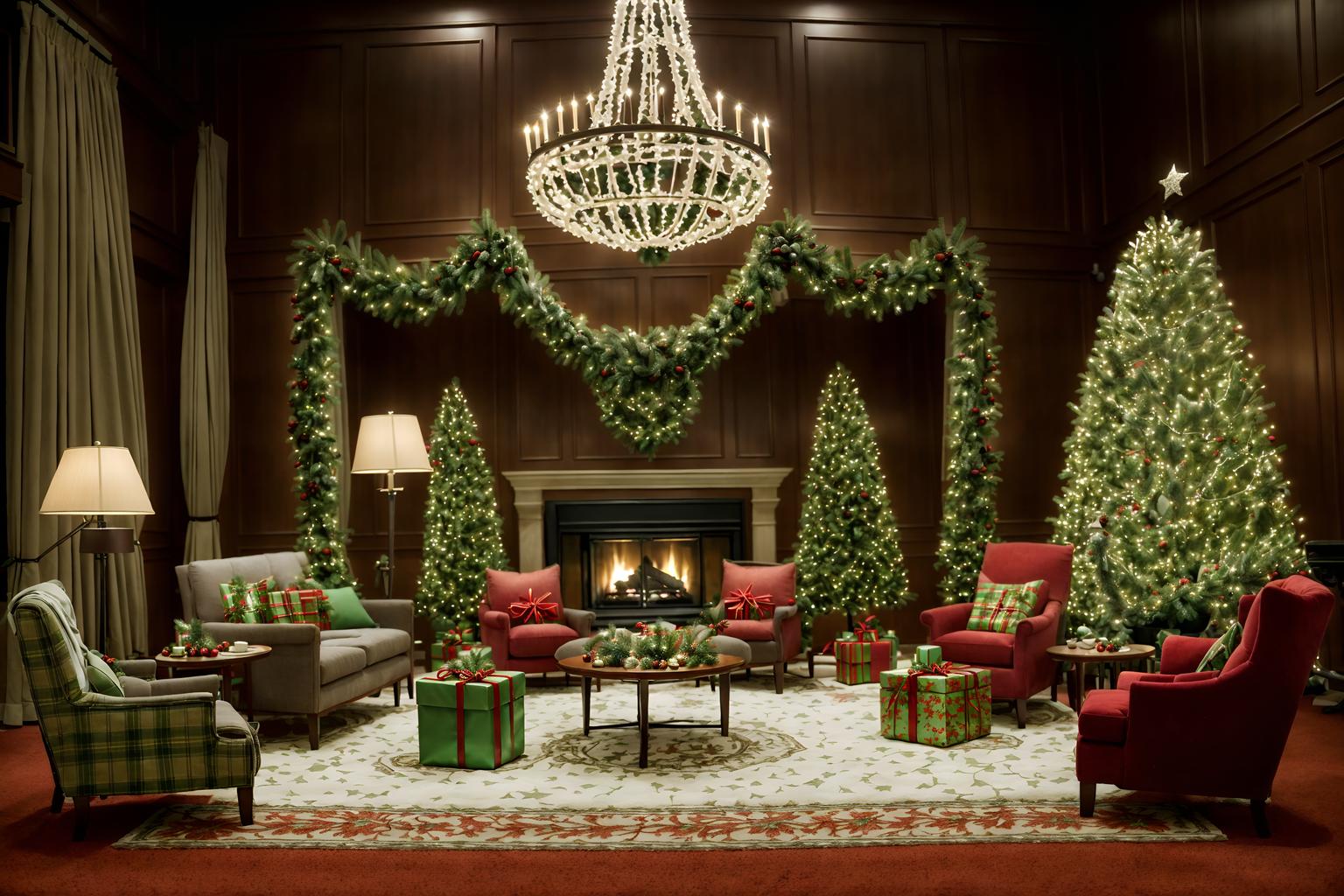 christmas-style (hotel lobby interior) with hanging lamps and sofas and coffee tables and lounge chairs and furniture and plant and rug and check in desk. . with a few big socks hanging and snow outside and giftwrapped gifts and plaid rugs and tie pinecones and berries and christmas ornaments and berries and greenery draped and ribbons. . cinematic photo, highly detailed, cinematic lighting, ultra-detailed, ultrarealistic, photorealism, 8k. christmas interior design style. masterpiece, cinematic light, ultrarealistic+, photorealistic+, 8k, raw photo, realistic, sharp focus on eyes, (symmetrical eyes), (intact eyes), hyperrealistic, highest quality, best quality, , highly detailed, masterpiece, best quality, extremely detailed 8k wallpaper, masterpiece, best quality, ultra-detailed, best shadow, detailed background, detailed face, detailed eyes, high contrast, best illumination, detailed face, dulux, caustic, dynamic angle, detailed glow. dramatic lighting. highly detailed, insanely detailed hair, symmetrical, intricate details, professionally retouched, 8k high definition. strong bokeh. award winning photo.