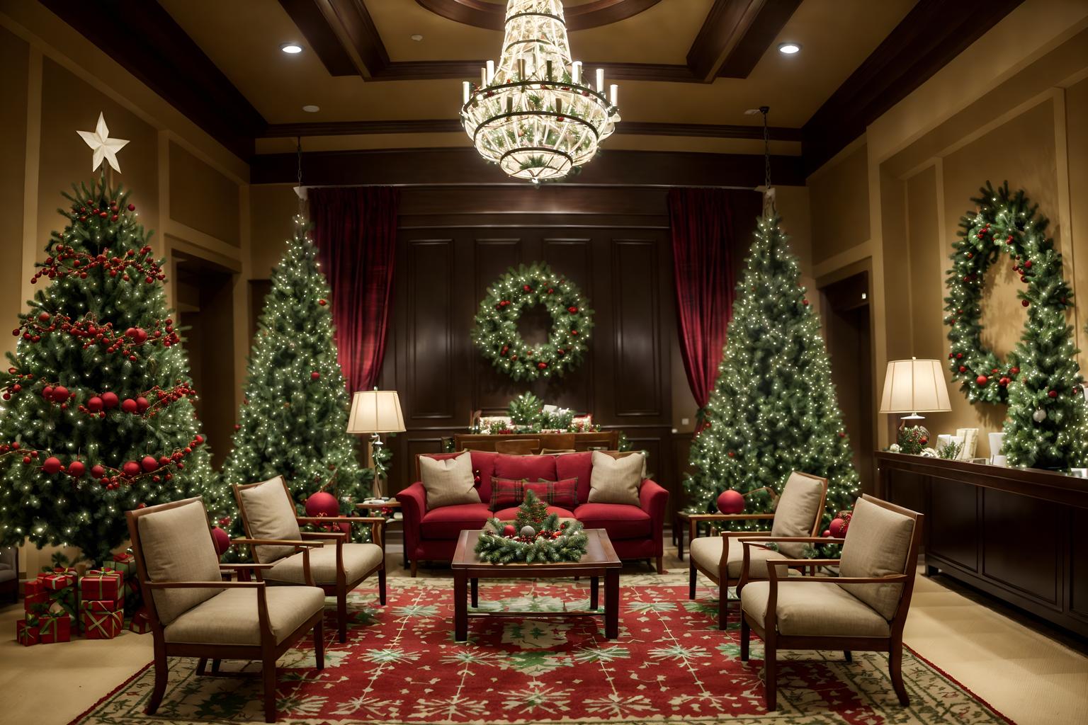 christmas-style (hotel lobby interior) with hanging lamps and sofas and coffee tables and lounge chairs and furniture and plant and rug and check in desk. . with a few big socks hanging and snow outside and giftwrapped gifts and plaid rugs and tie pinecones and berries and christmas ornaments and berries and greenery draped and ribbons. . cinematic photo, highly detailed, cinematic lighting, ultra-detailed, ultrarealistic, photorealism, 8k. christmas interior design style. masterpiece, cinematic light, ultrarealistic+, photorealistic+, 8k, raw photo, realistic, sharp focus on eyes, (symmetrical eyes), (intact eyes), hyperrealistic, highest quality, best quality, , highly detailed, masterpiece, best quality, extremely detailed 8k wallpaper, masterpiece, best quality, ultra-detailed, best shadow, detailed background, detailed face, detailed eyes, high contrast, best illumination, detailed face, dulux, caustic, dynamic angle, detailed glow. dramatic lighting. highly detailed, insanely detailed hair, symmetrical, intricate details, professionally retouched, 8k high definition. strong bokeh. award winning photo.