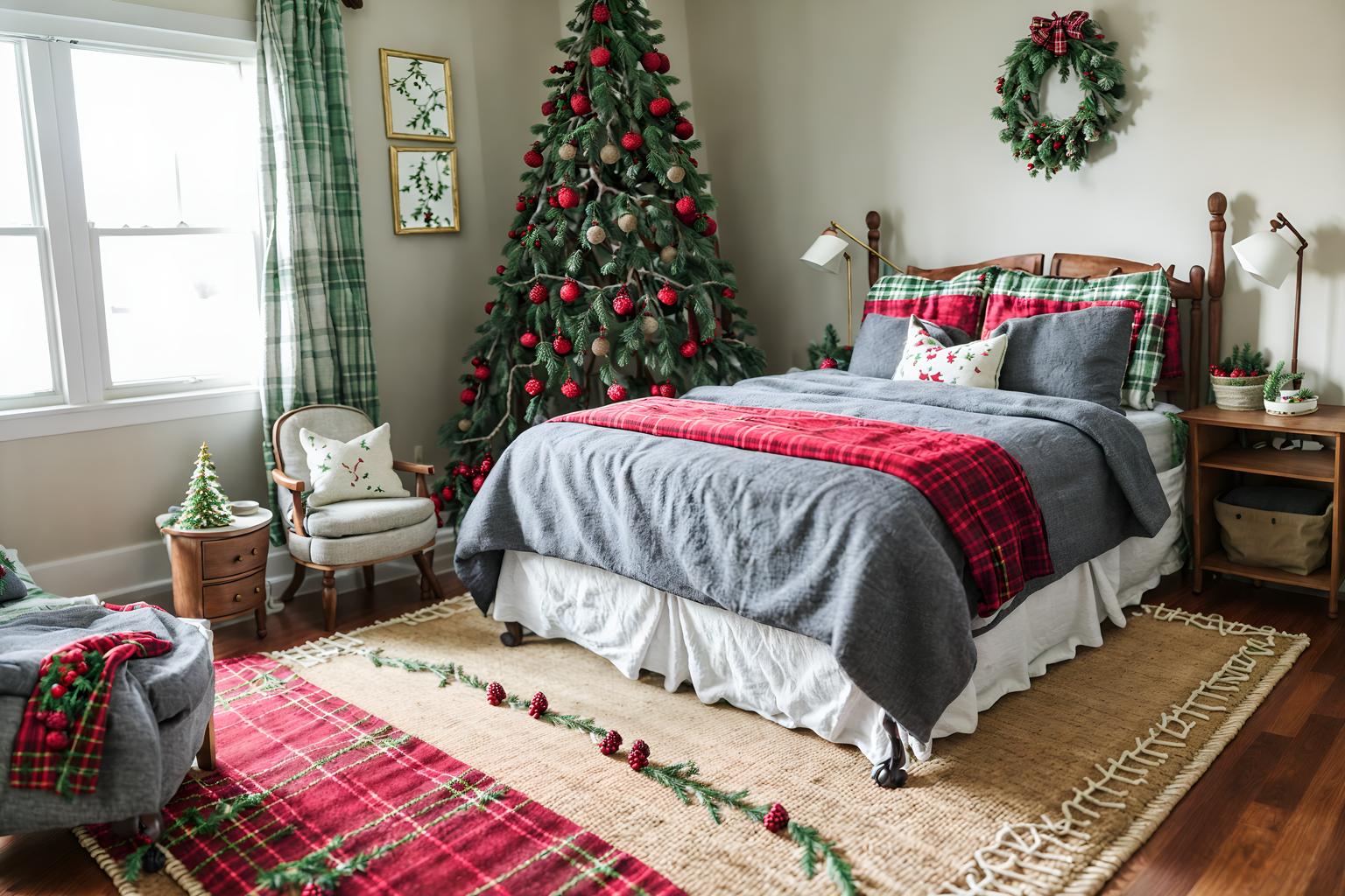 christmas-style (kids room interior) with bed and kids desk and bedside table or night stand and accent chair and plant and storage bench or ottoman and mirror and night light. . with berries and greenery draped and plaid rugs and giftwrapped gifts and snow outside and a few big socks hanging and tie pinecones and berries and ribbons and christmas ornaments. . cinematic photo, highly detailed, cinematic lighting, ultra-detailed, ultrarealistic, photorealism, 8k. christmas interior design style. masterpiece, cinematic light, ultrarealistic+, photorealistic+, 8k, raw photo, realistic, sharp focus on eyes, (symmetrical eyes), (intact eyes), hyperrealistic, highest quality, best quality, , highly detailed, masterpiece, best quality, extremely detailed 8k wallpaper, masterpiece, best quality, ultra-detailed, best shadow, detailed background, detailed face, detailed eyes, high contrast, best illumination, detailed face, dulux, caustic, dynamic angle, detailed glow. dramatic lighting. highly detailed, insanely detailed hair, symmetrical, intricate details, professionally retouched, 8k high definition. strong bokeh. award winning photo.