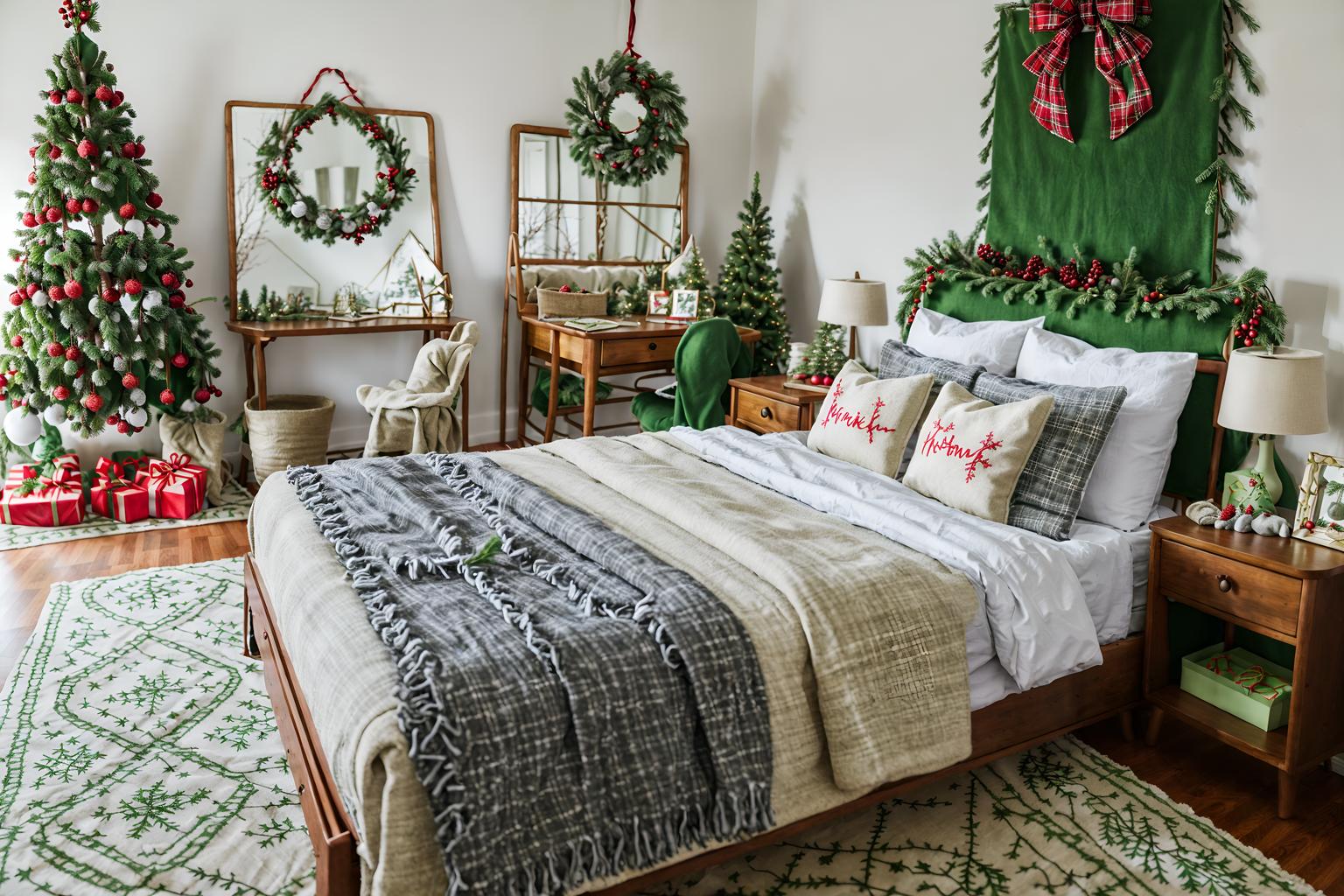 christmas-style (kids room interior) with bed and kids desk and bedside table or night stand and accent chair and plant and storage bench or ottoman and mirror and night light. . with berries and greenery draped and plaid rugs and giftwrapped gifts and snow outside and a few big socks hanging and tie pinecones and berries and ribbons and christmas ornaments. . cinematic photo, highly detailed, cinematic lighting, ultra-detailed, ultrarealistic, photorealism, 8k. christmas interior design style. masterpiece, cinematic light, ultrarealistic+, photorealistic+, 8k, raw photo, realistic, sharp focus on eyes, (symmetrical eyes), (intact eyes), hyperrealistic, highest quality, best quality, , highly detailed, masterpiece, best quality, extremely detailed 8k wallpaper, masterpiece, best quality, ultra-detailed, best shadow, detailed background, detailed face, detailed eyes, high contrast, best illumination, detailed face, dulux, caustic, dynamic angle, detailed glow. dramatic lighting. highly detailed, insanely detailed hair, symmetrical, intricate details, professionally retouched, 8k high definition. strong bokeh. award winning photo.