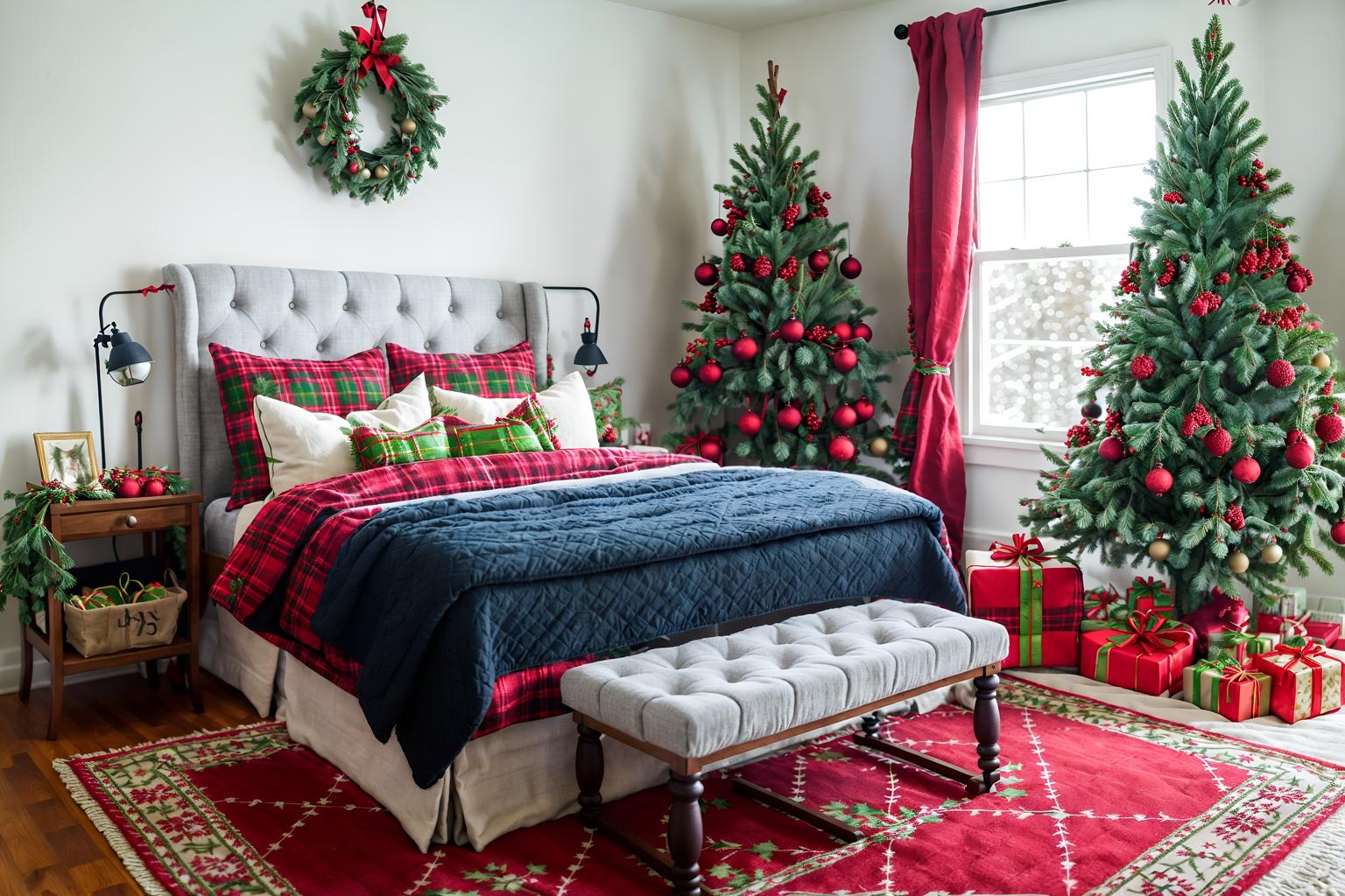 christmas-style (kids room interior) with bed and kids desk and bedside table or night stand and accent chair and plant and storage bench or ottoman and mirror and night light. . with berries and greenery draped and plaid rugs and giftwrapped gifts and snow outside and a few big socks hanging and tie pinecones and berries and ribbons and christmas ornaments. . cinematic photo, highly detailed, cinematic lighting, ultra-detailed, ultrarealistic, photorealism, 8k. christmas interior design style. masterpiece, cinematic light, ultrarealistic+, photorealistic+, 8k, raw photo, realistic, sharp focus on eyes, (symmetrical eyes), (intact eyes), hyperrealistic, highest quality, best quality, , highly detailed, masterpiece, best quality, extremely detailed 8k wallpaper, masterpiece, best quality, ultra-detailed, best shadow, detailed background, detailed face, detailed eyes, high contrast, best illumination, detailed face, dulux, caustic, dynamic angle, detailed glow. dramatic lighting. highly detailed, insanely detailed hair, symmetrical, intricate details, professionally retouched, 8k high definition. strong bokeh. award winning photo.