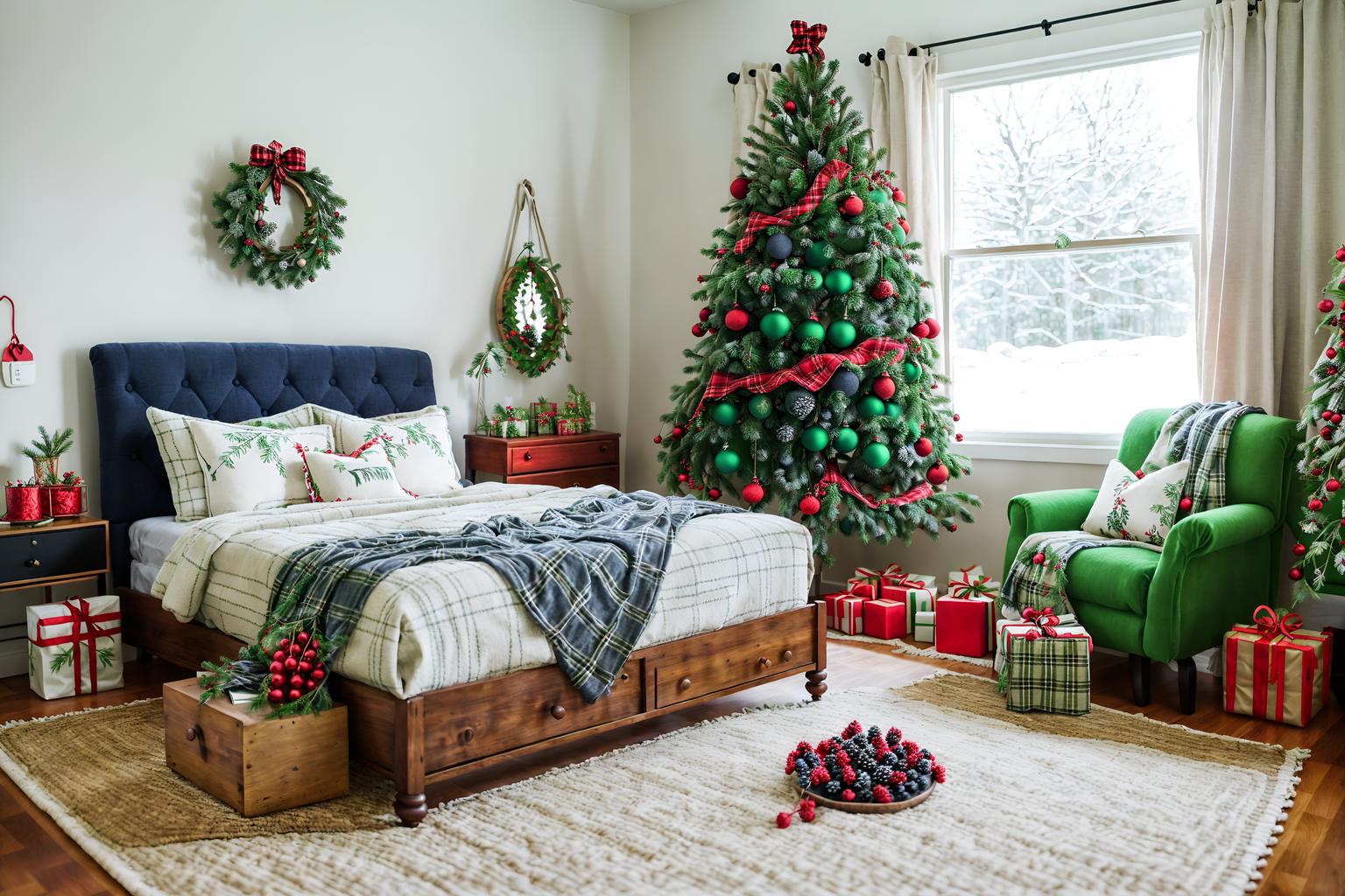 christmas-style (kids room interior) with bed and kids desk and bedside table or night stand and accent chair and plant and storage bench or ottoman and mirror and night light. . with berries and greenery draped and plaid rugs and giftwrapped gifts and snow outside and a few big socks hanging and tie pinecones and berries and ribbons and christmas ornaments. . cinematic photo, highly detailed, cinematic lighting, ultra-detailed, ultrarealistic, photorealism, 8k. christmas interior design style. masterpiece, cinematic light, ultrarealistic+, photorealistic+, 8k, raw photo, realistic, sharp focus on eyes, (symmetrical eyes), (intact eyes), hyperrealistic, highest quality, best quality, , highly detailed, masterpiece, best quality, extremely detailed 8k wallpaper, masterpiece, best quality, ultra-detailed, best shadow, detailed background, detailed face, detailed eyes, high contrast, best illumination, detailed face, dulux, caustic, dynamic angle, detailed glow. dramatic lighting. highly detailed, insanely detailed hair, symmetrical, intricate details, professionally retouched, 8k high definition. strong bokeh. award winning photo.