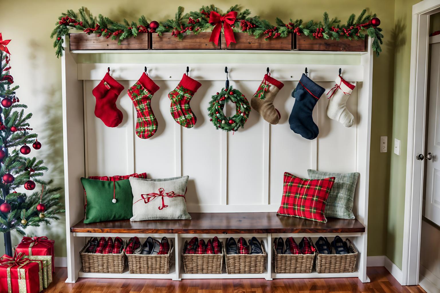 christmas-style (drop zone interior) with shelves for shoes and lockers and cabinets and a bench and storage baskets and storage drawers and cubbies and wall hooks for coats. . with snow outside and berries and greenery draped and a few big socks hanging and giftwrapped gifts and ribbons and tie pinecones and berries and christmas ornaments and plaid rugs. . cinematic photo, highly detailed, cinematic lighting, ultra-detailed, ultrarealistic, photorealism, 8k. christmas interior design style. masterpiece, cinematic light, ultrarealistic+, photorealistic+, 8k, raw photo, realistic, sharp focus on eyes, (symmetrical eyes), (intact eyes), hyperrealistic, highest quality, best quality, , highly detailed, masterpiece, best quality, extremely detailed 8k wallpaper, masterpiece, best quality, ultra-detailed, best shadow, detailed background, detailed face, detailed eyes, high contrast, best illumination, detailed face, dulux, caustic, dynamic angle, detailed glow. dramatic lighting. highly detailed, insanely detailed hair, symmetrical, intricate details, professionally retouched, 8k high definition. strong bokeh. award winning photo.