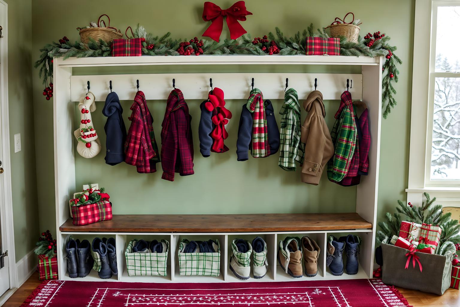 christmas-style (drop zone interior) with shelves for shoes and lockers and cabinets and a bench and storage baskets and storage drawers and cubbies and wall hooks for coats. . with snow outside and berries and greenery draped and a few big socks hanging and giftwrapped gifts and ribbons and tie pinecones and berries and christmas ornaments and plaid rugs. . cinematic photo, highly detailed, cinematic lighting, ultra-detailed, ultrarealistic, photorealism, 8k. christmas interior design style. masterpiece, cinematic light, ultrarealistic+, photorealistic+, 8k, raw photo, realistic, sharp focus on eyes, (symmetrical eyes), (intact eyes), hyperrealistic, highest quality, best quality, , highly detailed, masterpiece, best quality, extremely detailed 8k wallpaper, masterpiece, best quality, ultra-detailed, best shadow, detailed background, detailed face, detailed eyes, high contrast, best illumination, detailed face, dulux, caustic, dynamic angle, detailed glow. dramatic lighting. highly detailed, insanely detailed hair, symmetrical, intricate details, professionally retouched, 8k high definition. strong bokeh. award winning photo.