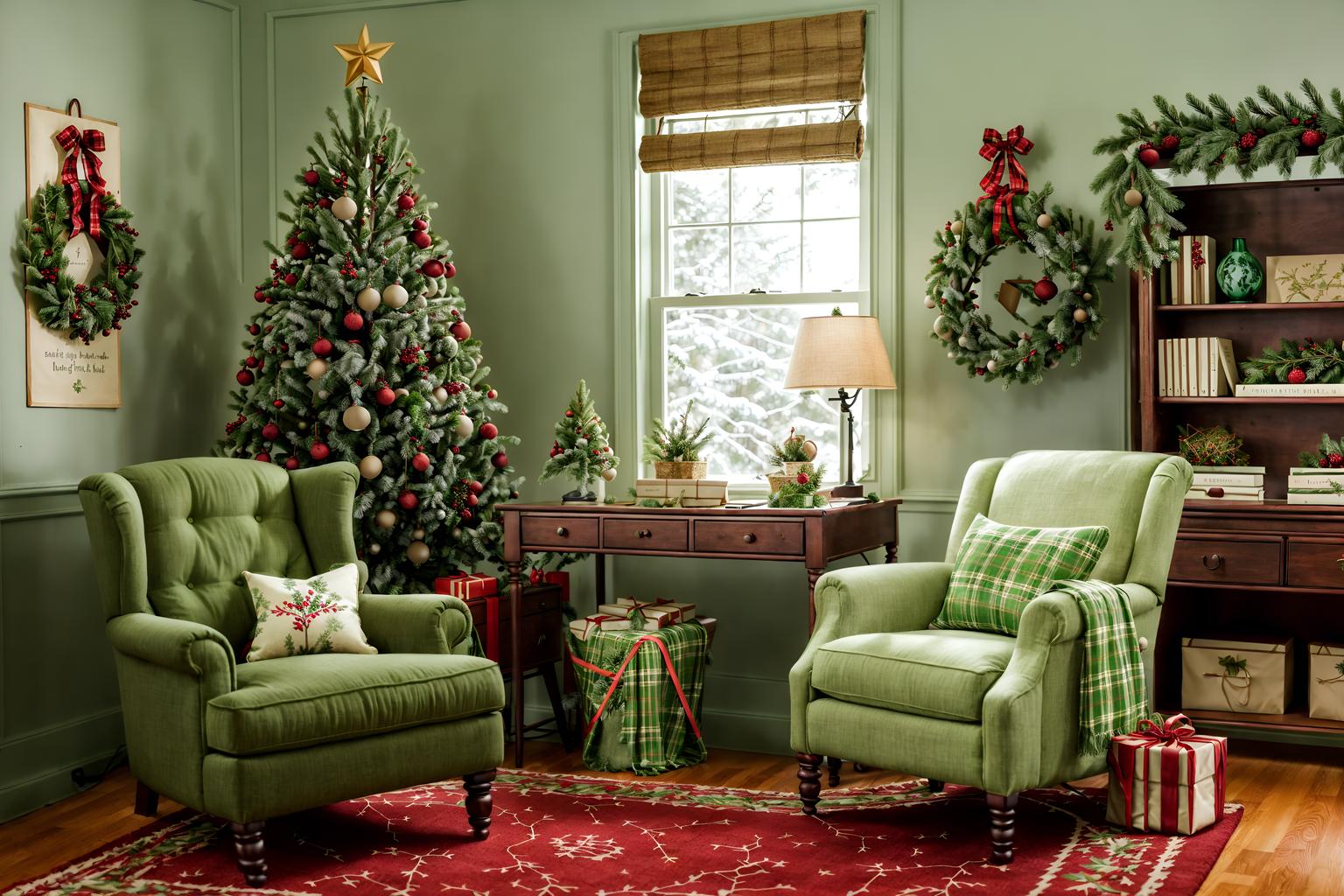 christmas-style (study room interior) with lounge chair and desk lamp and writing desk and cabinets and bookshelves and office chair and plant and lounge chair. . with berries and greenery draped and giftwrapped gifts and snow outside and ribbons and plaid rugs and a few big socks hanging and tie pinecones and berries and christmas ornaments. . cinematic photo, highly detailed, cinematic lighting, ultra-detailed, ultrarealistic, photorealism, 8k. christmas interior design style. masterpiece, cinematic light, ultrarealistic+, photorealistic+, 8k, raw photo, realistic, sharp focus on eyes, (symmetrical eyes), (intact eyes), hyperrealistic, highest quality, best quality, , highly detailed, masterpiece, best quality, extremely detailed 8k wallpaper, masterpiece, best quality, ultra-detailed, best shadow, detailed background, detailed face, detailed eyes, high contrast, best illumination, detailed face, dulux, caustic, dynamic angle, detailed glow. dramatic lighting. highly detailed, insanely detailed hair, symmetrical, intricate details, professionally retouched, 8k high definition. strong bokeh. award winning photo.