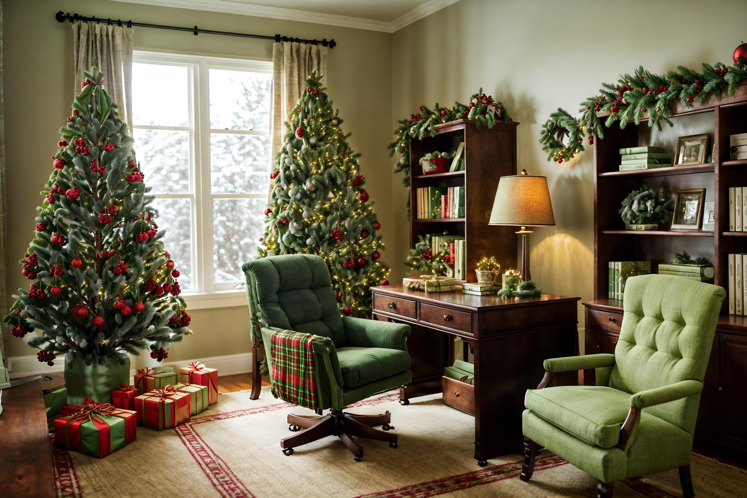 christmas-style (study room interior) with lounge chair and desk lamp and writing desk and cabinets and bookshelves and office chair and plant and lounge chair. . with berries and greenery draped and giftwrapped gifts and snow outside and ribbons and plaid rugs and a few big socks hanging and tie pinecones and berries and christmas ornaments. . cinematic photo, highly detailed, cinematic lighting, ultra-detailed, ultrarealistic, photorealism, 8k. christmas interior design style. masterpiece, cinematic light, ultrarealistic+, photorealistic+, 8k, raw photo, realistic, sharp focus on eyes, (symmetrical eyes), (intact eyes), hyperrealistic, highest quality, best quality, , highly detailed, masterpiece, best quality, extremely detailed 8k wallpaper, masterpiece, best quality, ultra-detailed, best shadow, detailed background, detailed face, detailed eyes, high contrast, best illumination, detailed face, dulux, caustic, dynamic angle, detailed glow. dramatic lighting. highly detailed, insanely detailed hair, symmetrical, intricate details, professionally retouched, 8k high definition. strong bokeh. award winning photo.