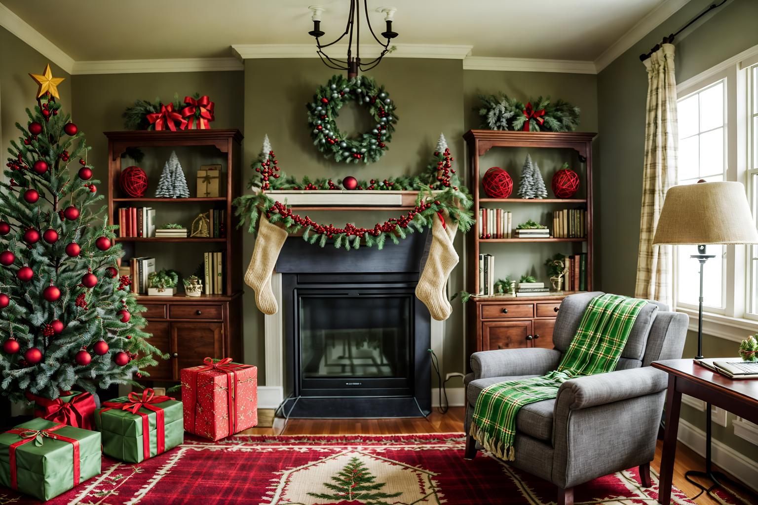 christmas-style (study room interior) with lounge chair and desk lamp and writing desk and cabinets and bookshelves and office chair and plant and lounge chair. . with berries and greenery draped and giftwrapped gifts and snow outside and ribbons and plaid rugs and a few big socks hanging and tie pinecones and berries and christmas ornaments. . cinematic photo, highly detailed, cinematic lighting, ultra-detailed, ultrarealistic, photorealism, 8k. christmas interior design style. masterpiece, cinematic light, ultrarealistic+, photorealistic+, 8k, raw photo, realistic, sharp focus on eyes, (symmetrical eyes), (intact eyes), hyperrealistic, highest quality, best quality, , highly detailed, masterpiece, best quality, extremely detailed 8k wallpaper, masterpiece, best quality, ultra-detailed, best shadow, detailed background, detailed face, detailed eyes, high contrast, best illumination, detailed face, dulux, caustic, dynamic angle, detailed glow. dramatic lighting. highly detailed, insanely detailed hair, symmetrical, intricate details, professionally retouched, 8k high definition. strong bokeh. award winning photo.