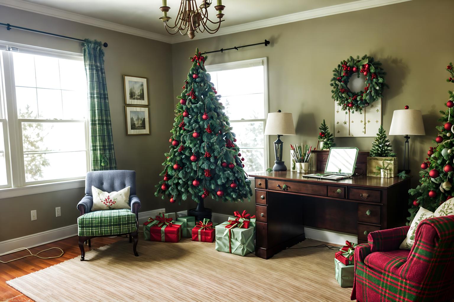 christmas-style (study room interior) with lounge chair and desk lamp and writing desk and cabinets and bookshelves and office chair and plant and lounge chair. . with berries and greenery draped and giftwrapped gifts and snow outside and ribbons and plaid rugs and a few big socks hanging and tie pinecones and berries and christmas ornaments. . cinematic photo, highly detailed, cinematic lighting, ultra-detailed, ultrarealistic, photorealism, 8k. christmas interior design style. masterpiece, cinematic light, ultrarealistic+, photorealistic+, 8k, raw photo, realistic, sharp focus on eyes, (symmetrical eyes), (intact eyes), hyperrealistic, highest quality, best quality, , highly detailed, masterpiece, best quality, extremely detailed 8k wallpaper, masterpiece, best quality, ultra-detailed, best shadow, detailed background, detailed face, detailed eyes, high contrast, best illumination, detailed face, dulux, caustic, dynamic angle, detailed glow. dramatic lighting. highly detailed, insanely detailed hair, symmetrical, intricate details, professionally retouched, 8k high definition. strong bokeh. award winning photo.