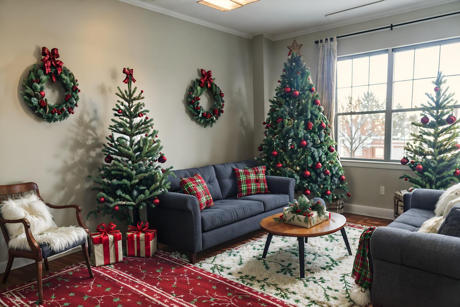 christmas-style (coworking space interior) with office desks and lounge chairs and seating area with sofa and office chairs and office desks. . with christmas ornaments and berries and greenery draped and snow outside and ribbons and giftwrapped gifts and a few big socks hanging and tie pinecones and berries and plaid rugs. . cinematic photo, highly detailed, cinematic lighting, ultra-detailed, ultrarealistic, photorealism, 8k. christmas interior design style. masterpiece, cinematic light, ultrarealistic+, photorealistic+, 8k, raw photo, realistic, sharp focus on eyes, (symmetrical eyes), (intact eyes), hyperrealistic, highest quality, best quality, , highly detailed, masterpiece, best quality, extremely detailed 8k wallpaper, masterpiece, best quality, ultra-detailed, best shadow, detailed background, detailed face, detailed eyes, high contrast, best illumination, detailed face, dulux, caustic, dynamic angle, detailed glow. dramatic lighting. highly detailed, insanely detailed hair, symmetrical, intricate details, professionally retouched, 8k high definition. strong bokeh. award winning photo.