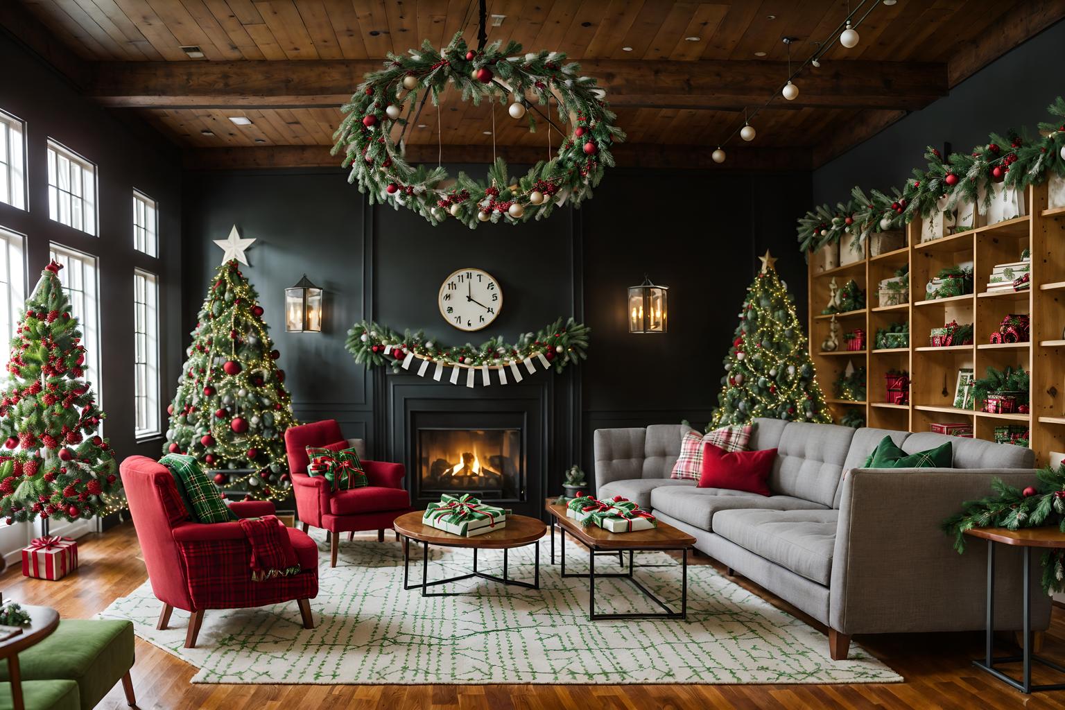 christmas-style (coworking space interior) with office desks and lounge chairs and seating area with sofa and office chairs and office desks. . with christmas ornaments and berries and greenery draped and snow outside and ribbons and giftwrapped gifts and a few big socks hanging and tie pinecones and berries and plaid rugs. . cinematic photo, highly detailed, cinematic lighting, ultra-detailed, ultrarealistic, photorealism, 8k. christmas interior design style. masterpiece, cinematic light, ultrarealistic+, photorealistic+, 8k, raw photo, realistic, sharp focus on eyes, (symmetrical eyes), (intact eyes), hyperrealistic, highest quality, best quality, , highly detailed, masterpiece, best quality, extremely detailed 8k wallpaper, masterpiece, best quality, ultra-detailed, best shadow, detailed background, detailed face, detailed eyes, high contrast, best illumination, detailed face, dulux, caustic, dynamic angle, detailed glow. dramatic lighting. highly detailed, insanely detailed hair, symmetrical, intricate details, professionally retouched, 8k high definition. strong bokeh. award winning photo.