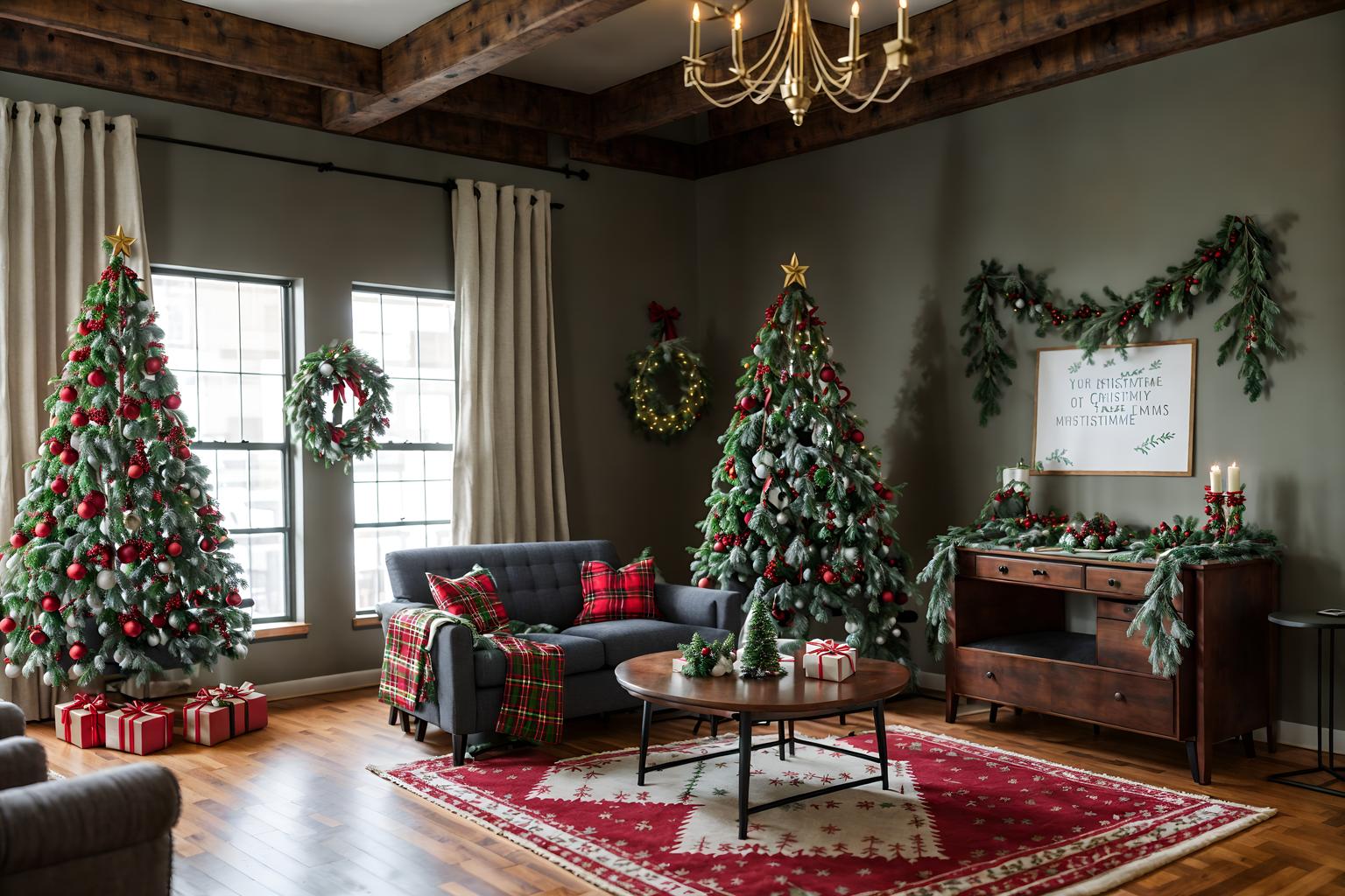 christmas-style (coworking space interior) with office desks and lounge chairs and seating area with sofa and office chairs and office desks. . with christmas ornaments and berries and greenery draped and snow outside and ribbons and giftwrapped gifts and a few big socks hanging and tie pinecones and berries and plaid rugs. . cinematic photo, highly detailed, cinematic lighting, ultra-detailed, ultrarealistic, photorealism, 8k. christmas interior design style. masterpiece, cinematic light, ultrarealistic+, photorealistic+, 8k, raw photo, realistic, sharp focus on eyes, (symmetrical eyes), (intact eyes), hyperrealistic, highest quality, best quality, , highly detailed, masterpiece, best quality, extremely detailed 8k wallpaper, masterpiece, best quality, ultra-detailed, best shadow, detailed background, detailed face, detailed eyes, high contrast, best illumination, detailed face, dulux, caustic, dynamic angle, detailed glow. dramatic lighting. highly detailed, insanely detailed hair, symmetrical, intricate details, professionally retouched, 8k high definition. strong bokeh. award winning photo.