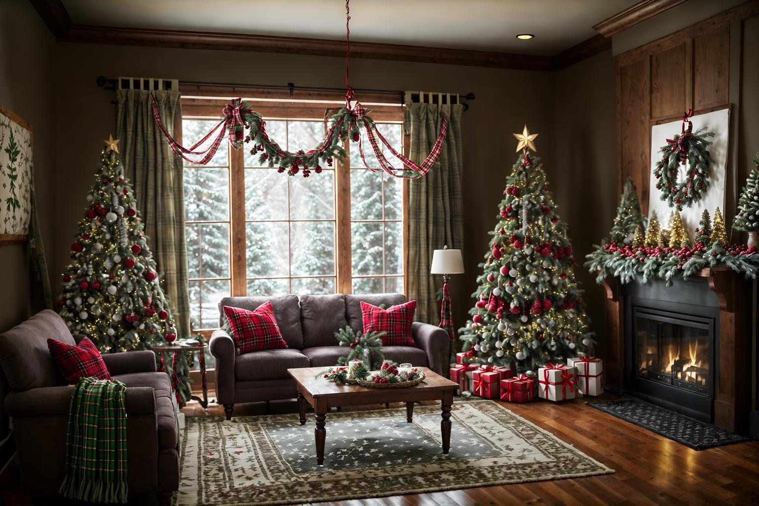 christmas-style (coffee shop interior) . with plaid rugs and snow outside and ribbons and tie pinecones and berries and a few big socks hanging and giftwrapped gifts and berries and greenery draped and christmas ornaments. . cinematic photo, highly detailed, cinematic lighting, ultra-detailed, ultrarealistic, photorealism, 8k. christmas interior design style. masterpiece, cinematic light, ultrarealistic+, photorealistic+, 8k, raw photo, realistic, sharp focus on eyes, (symmetrical eyes), (intact eyes), hyperrealistic, highest quality, best quality, , highly detailed, masterpiece, best quality, extremely detailed 8k wallpaper, masterpiece, best quality, ultra-detailed, best shadow, detailed background, detailed face, detailed eyes, high contrast, best illumination, detailed face, dulux, caustic, dynamic angle, detailed glow. dramatic lighting. highly detailed, insanely detailed hair, symmetrical, intricate details, professionally retouched, 8k high definition. strong bokeh. award winning photo.