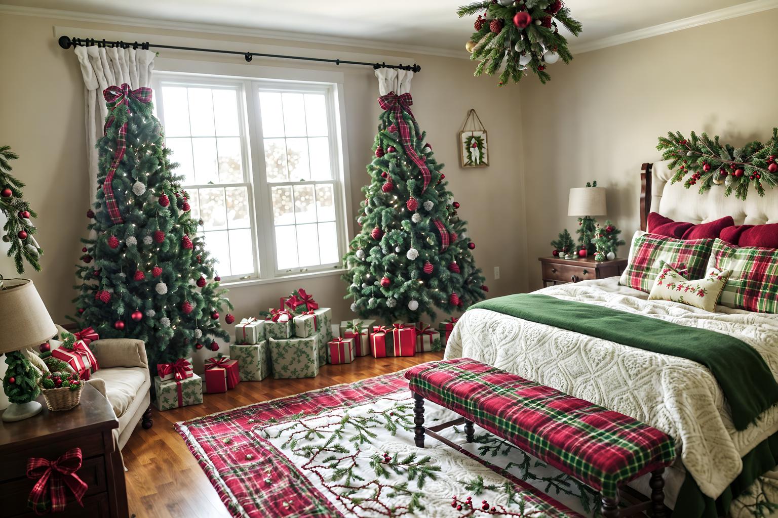 christmas-style (bedroom interior) with bed and storage bench or ottoman and headboard and plant and accent chair and bedside table or night stand and dresser closet and mirror. . with giftwrapped gifts and tie pinecones and berries and ribbons and berries and greenery draped and christmas ornaments and snow outside and plaid rugs and a few big socks hanging. . cinematic photo, highly detailed, cinematic lighting, ultra-detailed, ultrarealistic, photorealism, 8k. christmas interior design style. masterpiece, cinematic light, ultrarealistic+, photorealistic+, 8k, raw photo, realistic, sharp focus on eyes, (symmetrical eyes), (intact eyes), hyperrealistic, highest quality, best quality, , highly detailed, masterpiece, best quality, extremely detailed 8k wallpaper, masterpiece, best quality, ultra-detailed, best shadow, detailed background, detailed face, detailed eyes, high contrast, best illumination, detailed face, dulux, caustic, dynamic angle, detailed glow. dramatic lighting. highly detailed, insanely detailed hair, symmetrical, intricate details, professionally retouched, 8k high definition. strong bokeh. award winning photo.