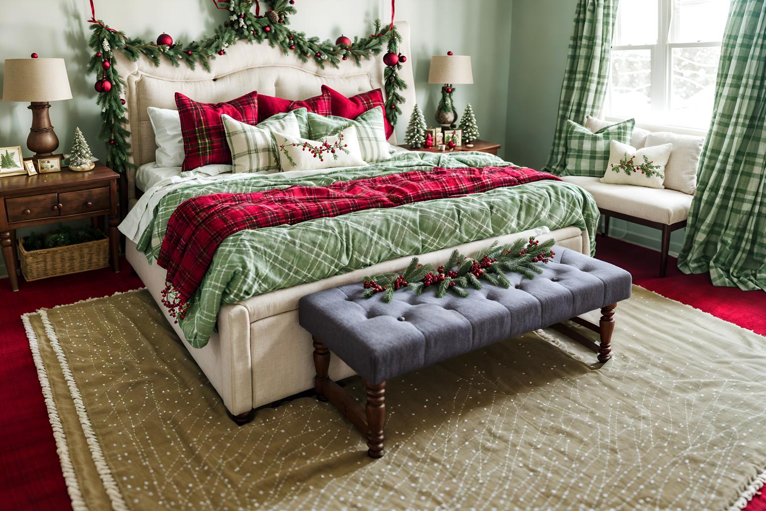 christmas-style (bedroom interior) with bed and storage bench or ottoman and headboard and plant and accent chair and bedside table or night stand and dresser closet and mirror. . with giftwrapped gifts and tie pinecones and berries and ribbons and berries and greenery draped and christmas ornaments and snow outside and plaid rugs and a few big socks hanging. . cinematic photo, highly detailed, cinematic lighting, ultra-detailed, ultrarealistic, photorealism, 8k. christmas interior design style. masterpiece, cinematic light, ultrarealistic+, photorealistic+, 8k, raw photo, realistic, sharp focus on eyes, (symmetrical eyes), (intact eyes), hyperrealistic, highest quality, best quality, , highly detailed, masterpiece, best quality, extremely detailed 8k wallpaper, masterpiece, best quality, ultra-detailed, best shadow, detailed background, detailed face, detailed eyes, high contrast, best illumination, detailed face, dulux, caustic, dynamic angle, detailed glow. dramatic lighting. highly detailed, insanely detailed hair, symmetrical, intricate details, professionally retouched, 8k high definition. strong bokeh. award winning photo.