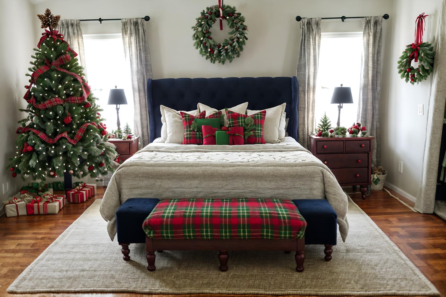 christmas-style (bedroom interior) with bed and storage bench or ottoman and headboard and plant and accent chair and bedside table or night stand and dresser closet and mirror. . with giftwrapped gifts and tie pinecones and berries and ribbons and berries and greenery draped and christmas ornaments and snow outside and plaid rugs and a few big socks hanging. . cinematic photo, highly detailed, cinematic lighting, ultra-detailed, ultrarealistic, photorealism, 8k. christmas interior design style. masterpiece, cinematic light, ultrarealistic+, photorealistic+, 8k, raw photo, realistic, sharp focus on eyes, (symmetrical eyes), (intact eyes), hyperrealistic, highest quality, best quality, , highly detailed, masterpiece, best quality, extremely detailed 8k wallpaper, masterpiece, best quality, ultra-detailed, best shadow, detailed background, detailed face, detailed eyes, high contrast, best illumination, detailed face, dulux, caustic, dynamic angle, detailed glow. dramatic lighting. highly detailed, insanely detailed hair, symmetrical, intricate details, professionally retouched, 8k high definition. strong bokeh. award winning photo.