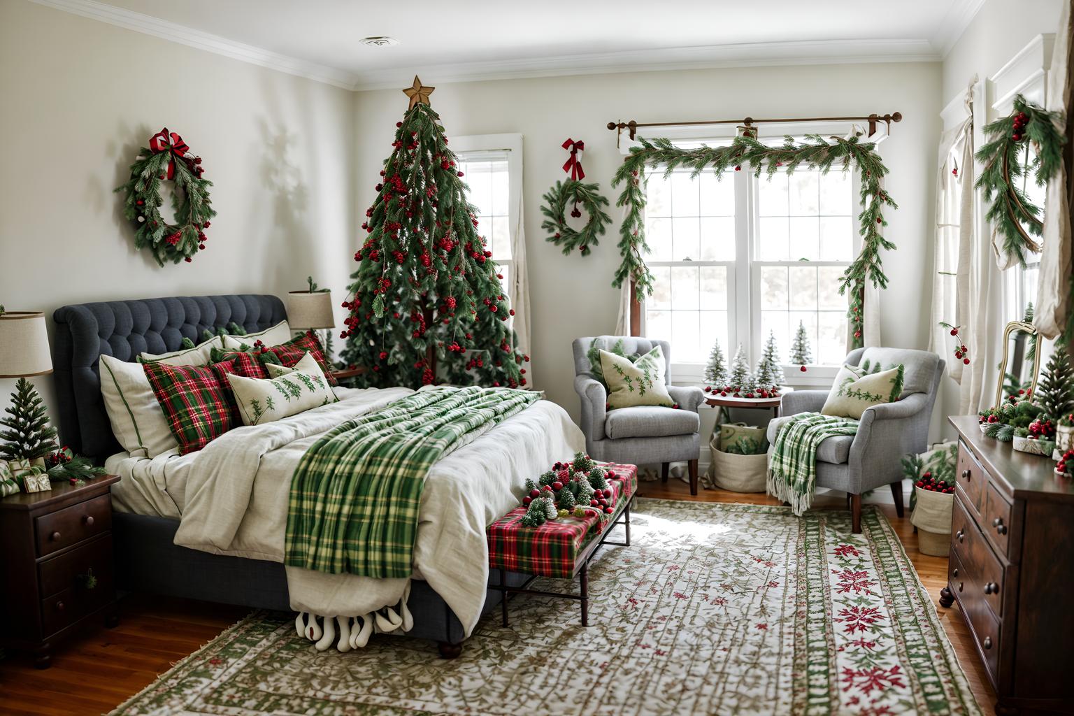 christmas-style (bedroom interior) with bed and storage bench or ottoman and headboard and plant and accent chair and bedside table or night stand and dresser closet and mirror. . with giftwrapped gifts and tie pinecones and berries and ribbons and berries and greenery draped and christmas ornaments and snow outside and plaid rugs and a few big socks hanging. . cinematic photo, highly detailed, cinematic lighting, ultra-detailed, ultrarealistic, photorealism, 8k. christmas interior design style. masterpiece, cinematic light, ultrarealistic+, photorealistic+, 8k, raw photo, realistic, sharp focus on eyes, (symmetrical eyes), (intact eyes), hyperrealistic, highest quality, best quality, , highly detailed, masterpiece, best quality, extremely detailed 8k wallpaper, masterpiece, best quality, ultra-detailed, best shadow, detailed background, detailed face, detailed eyes, high contrast, best illumination, detailed face, dulux, caustic, dynamic angle, detailed glow. dramatic lighting. highly detailed, insanely detailed hair, symmetrical, intricate details, professionally retouched, 8k high definition. strong bokeh. award winning photo.