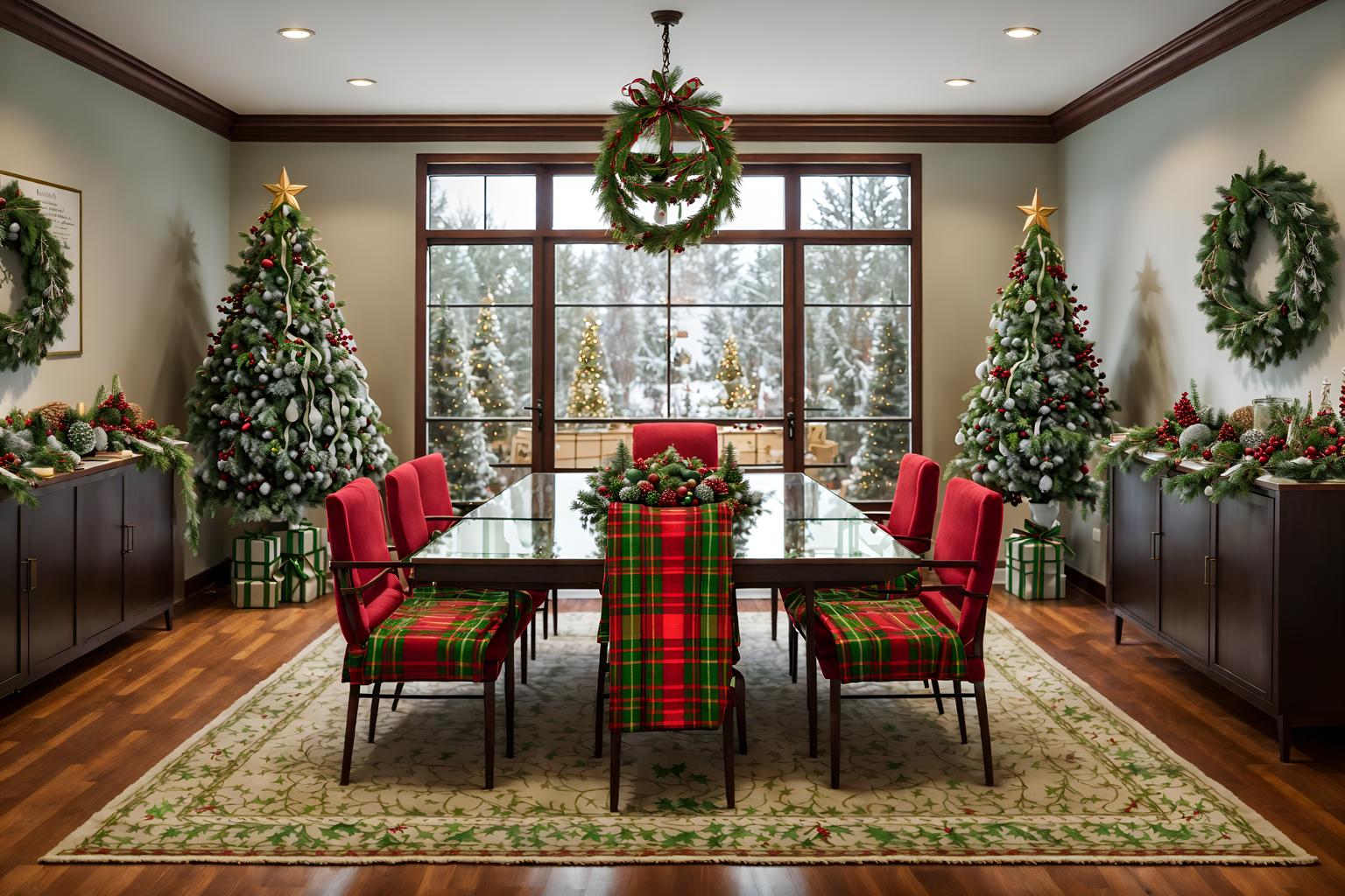 christmas-style (meeting room interior) with plant and vase and painting or photo on wall and cabinets and glass doors and boardroom table and office chairs and glass walls. . with berries and greenery draped and plaid rugs and christmas ornaments and tie pinecones and berries and a few big socks hanging and giftwrapped gifts and snow outside and ribbons. . cinematic photo, highly detailed, cinematic lighting, ultra-detailed, ultrarealistic, photorealism, 8k. christmas interior design style. masterpiece, cinematic light, ultrarealistic+, photorealistic+, 8k, raw photo, realistic, sharp focus on eyes, (symmetrical eyes), (intact eyes), hyperrealistic, highest quality, best quality, , highly detailed, masterpiece, best quality, extremely detailed 8k wallpaper, masterpiece, best quality, ultra-detailed, best shadow, detailed background, detailed face, detailed eyes, high contrast, best illumination, detailed face, dulux, caustic, dynamic angle, detailed glow. dramatic lighting. highly detailed, insanely detailed hair, symmetrical, intricate details, professionally retouched, 8k high definition. strong bokeh. award winning photo.