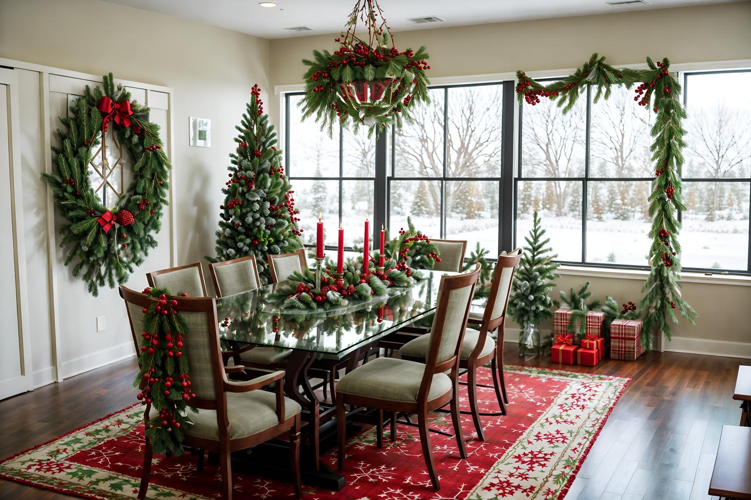 christmas-style (meeting room interior) with plant and vase and painting or photo on wall and cabinets and glass doors and boardroom table and office chairs and glass walls. . with berries and greenery draped and plaid rugs and christmas ornaments and tie pinecones and berries and a few big socks hanging and giftwrapped gifts and snow outside and ribbons. . cinematic photo, highly detailed, cinematic lighting, ultra-detailed, ultrarealistic, photorealism, 8k. christmas interior design style. masterpiece, cinematic light, ultrarealistic+, photorealistic+, 8k, raw photo, realistic, sharp focus on eyes, (symmetrical eyes), (intact eyes), hyperrealistic, highest quality, best quality, , highly detailed, masterpiece, best quality, extremely detailed 8k wallpaper, masterpiece, best quality, ultra-detailed, best shadow, detailed background, detailed face, detailed eyes, high contrast, best illumination, detailed face, dulux, caustic, dynamic angle, detailed glow. dramatic lighting. highly detailed, insanely detailed hair, symmetrical, intricate details, professionally retouched, 8k high definition. strong bokeh. award winning photo.