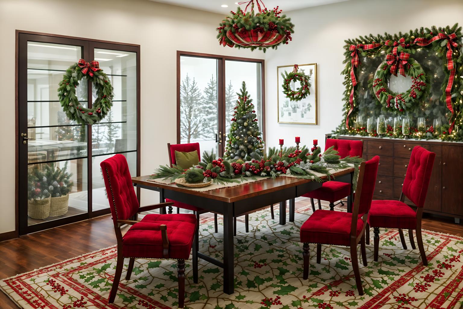 christmas-style (meeting room interior) with plant and vase and painting or photo on wall and cabinets and glass doors and boardroom table and office chairs and glass walls. . with berries and greenery draped and plaid rugs and christmas ornaments and tie pinecones and berries and a few big socks hanging and giftwrapped gifts and snow outside and ribbons. . cinematic photo, highly detailed, cinematic lighting, ultra-detailed, ultrarealistic, photorealism, 8k. christmas interior design style. masterpiece, cinematic light, ultrarealistic+, photorealistic+, 8k, raw photo, realistic, sharp focus on eyes, (symmetrical eyes), (intact eyes), hyperrealistic, highest quality, best quality, , highly detailed, masterpiece, best quality, extremely detailed 8k wallpaper, masterpiece, best quality, ultra-detailed, best shadow, detailed background, detailed face, detailed eyes, high contrast, best illumination, detailed face, dulux, caustic, dynamic angle, detailed glow. dramatic lighting. highly detailed, insanely detailed hair, symmetrical, intricate details, professionally retouched, 8k high definition. strong bokeh. award winning photo.