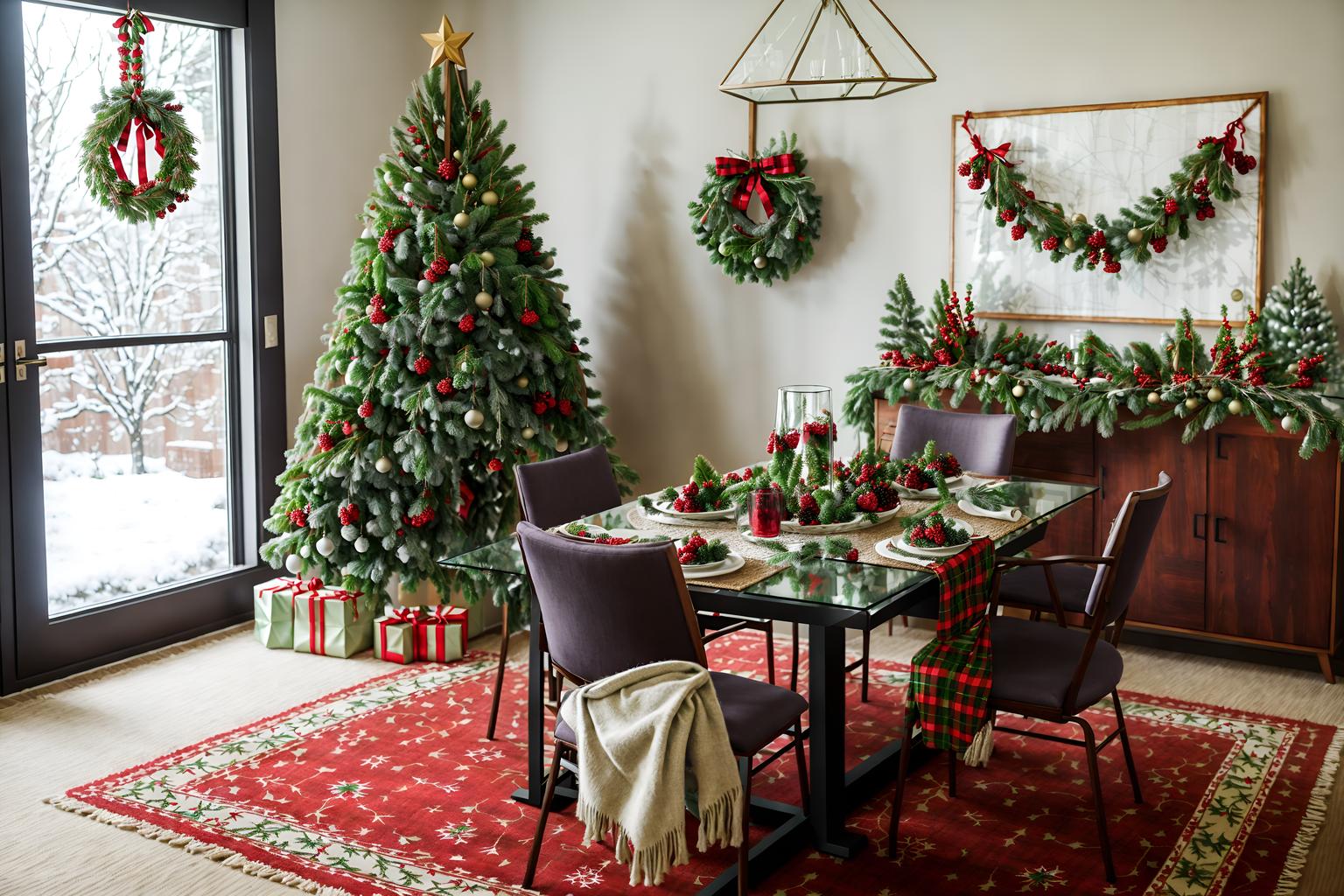 christmas-style (meeting room interior) with plant and vase and painting or photo on wall and cabinets and glass doors and boardroom table and office chairs and glass walls. . with berries and greenery draped and plaid rugs and christmas ornaments and tie pinecones and berries and a few big socks hanging and giftwrapped gifts and snow outside and ribbons. . cinematic photo, highly detailed, cinematic lighting, ultra-detailed, ultrarealistic, photorealism, 8k. christmas interior design style. masterpiece, cinematic light, ultrarealistic+, photorealistic+, 8k, raw photo, realistic, sharp focus on eyes, (symmetrical eyes), (intact eyes), hyperrealistic, highest quality, best quality, , highly detailed, masterpiece, best quality, extremely detailed 8k wallpaper, masterpiece, best quality, ultra-detailed, best shadow, detailed background, detailed face, detailed eyes, high contrast, best illumination, detailed face, dulux, caustic, dynamic angle, detailed glow. dramatic lighting. highly detailed, insanely detailed hair, symmetrical, intricate details, professionally retouched, 8k high definition. strong bokeh. award winning photo.