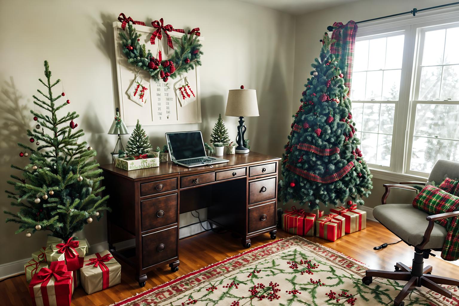 christmas-style (home office interior) with office chair and cabinets and plant and desk lamp and computer desk and office chair. . with a few big socks hanging and tie pinecones and berries and plaid rugs and berries and greenery draped and christmas ornaments and giftwrapped gifts and snow outside and ribbons. . cinematic photo, highly detailed, cinematic lighting, ultra-detailed, ultrarealistic, photorealism, 8k. christmas interior design style. masterpiece, cinematic light, ultrarealistic+, photorealistic+, 8k, raw photo, realistic, sharp focus on eyes, (symmetrical eyes), (intact eyes), hyperrealistic, highest quality, best quality, , highly detailed, masterpiece, best quality, extremely detailed 8k wallpaper, masterpiece, best quality, ultra-detailed, best shadow, detailed background, detailed face, detailed eyes, high contrast, best illumination, detailed face, dulux, caustic, dynamic angle, detailed glow. dramatic lighting. highly detailed, insanely detailed hair, symmetrical, intricate details, professionally retouched, 8k high definition. strong bokeh. award winning photo.