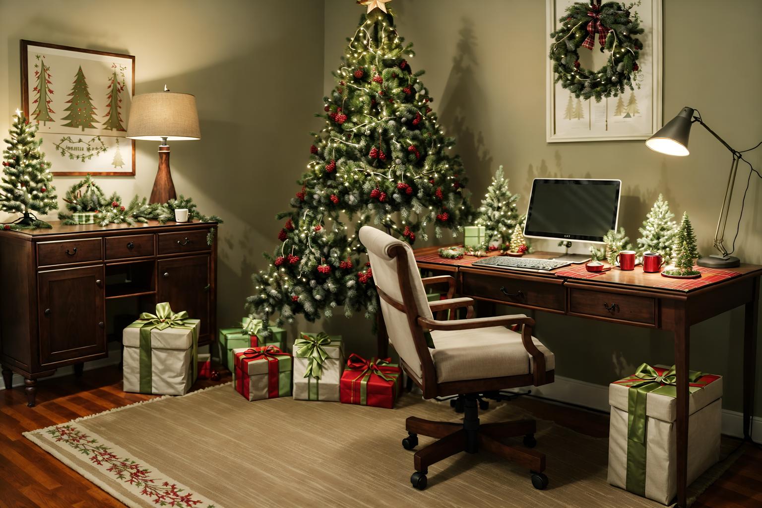 christmas-style (home office interior) with office chair and cabinets and plant and desk lamp and computer desk and office chair. . with a few big socks hanging and tie pinecones and berries and plaid rugs and berries and greenery draped and christmas ornaments and giftwrapped gifts and snow outside and ribbons. . cinematic photo, highly detailed, cinematic lighting, ultra-detailed, ultrarealistic, photorealism, 8k. christmas interior design style. masterpiece, cinematic light, ultrarealistic+, photorealistic+, 8k, raw photo, realistic, sharp focus on eyes, (symmetrical eyes), (intact eyes), hyperrealistic, highest quality, best quality, , highly detailed, masterpiece, best quality, extremely detailed 8k wallpaper, masterpiece, best quality, ultra-detailed, best shadow, detailed background, detailed face, detailed eyes, high contrast, best illumination, detailed face, dulux, caustic, dynamic angle, detailed glow. dramatic lighting. highly detailed, insanely detailed hair, symmetrical, intricate details, professionally retouched, 8k high definition. strong bokeh. award winning photo.