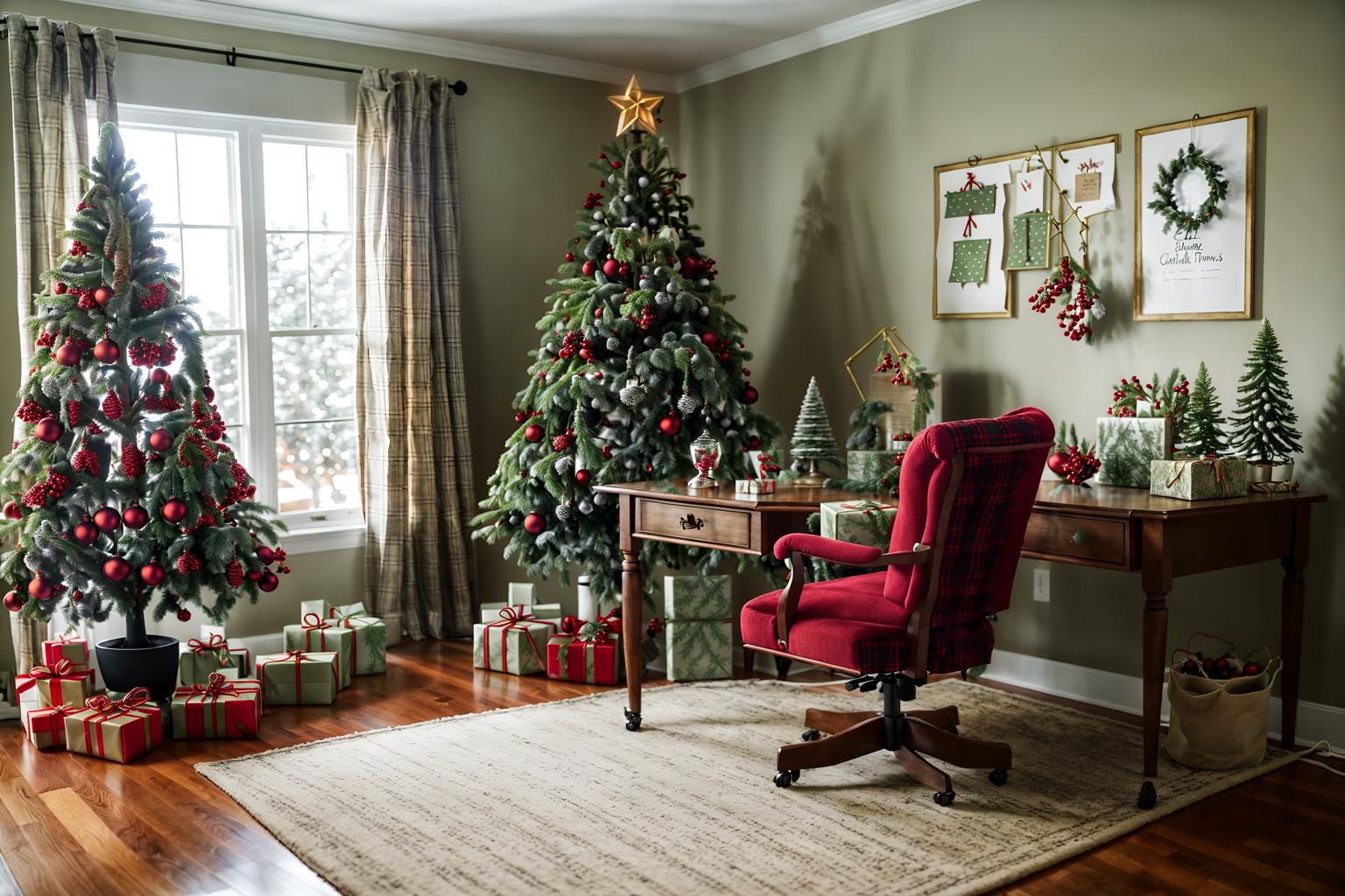 christmas-style (home office interior) with office chair and cabinets and plant and desk lamp and computer desk and office chair. . with a few big socks hanging and tie pinecones and berries and plaid rugs and berries and greenery draped and christmas ornaments and giftwrapped gifts and snow outside and ribbons. . cinematic photo, highly detailed, cinematic lighting, ultra-detailed, ultrarealistic, photorealism, 8k. christmas interior design style. masterpiece, cinematic light, ultrarealistic+, photorealistic+, 8k, raw photo, realistic, sharp focus on eyes, (symmetrical eyes), (intact eyes), hyperrealistic, highest quality, best quality, , highly detailed, masterpiece, best quality, extremely detailed 8k wallpaper, masterpiece, best quality, ultra-detailed, best shadow, detailed background, detailed face, detailed eyes, high contrast, best illumination, detailed face, dulux, caustic, dynamic angle, detailed glow. dramatic lighting. highly detailed, insanely detailed hair, symmetrical, intricate details, professionally retouched, 8k high definition. strong bokeh. award winning photo.