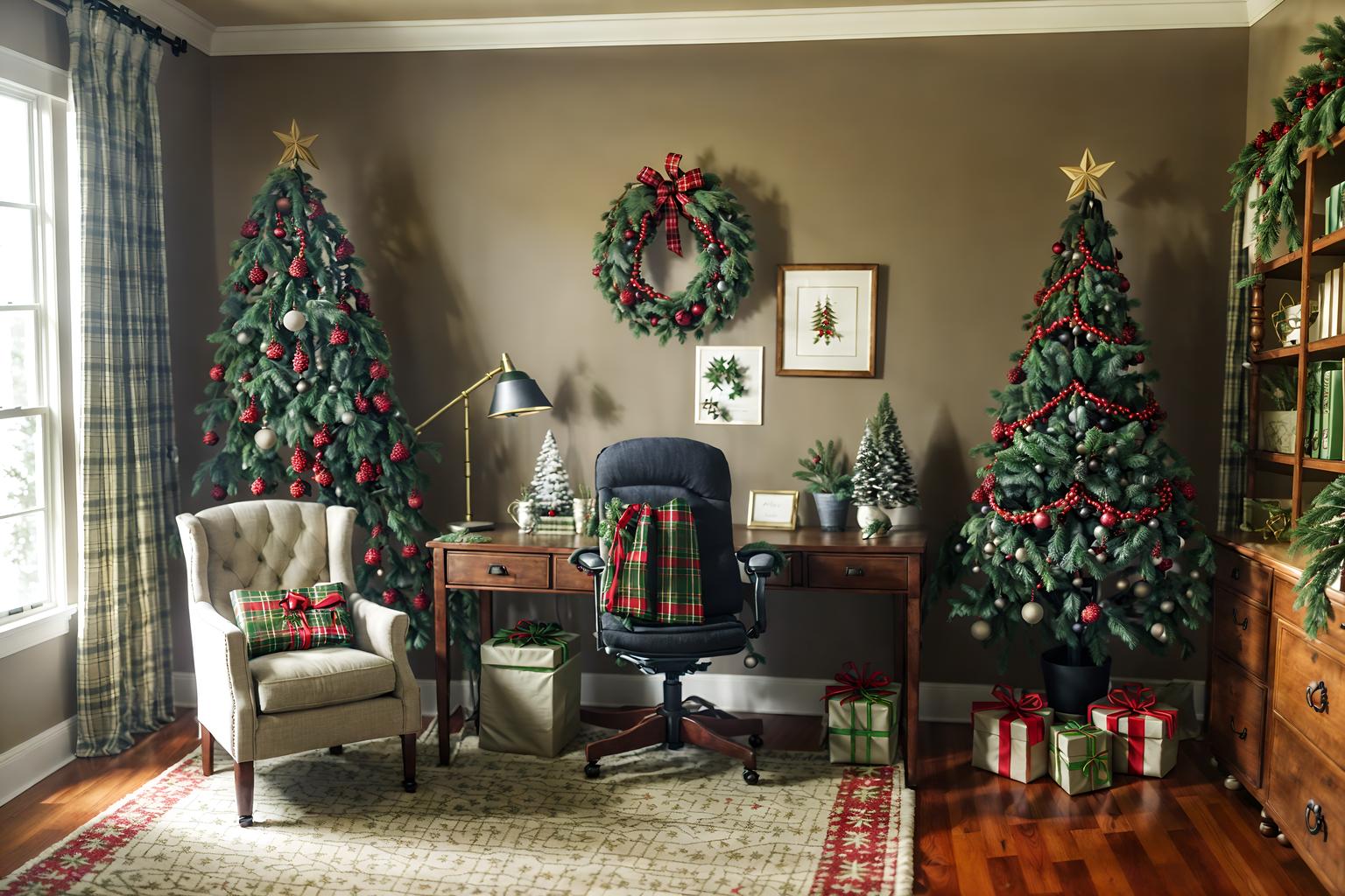 christmas-style (home office interior) with office chair and cabinets and plant and desk lamp and computer desk and office chair. . with a few big socks hanging and tie pinecones and berries and plaid rugs and berries and greenery draped and christmas ornaments and giftwrapped gifts and snow outside and ribbons. . cinematic photo, highly detailed, cinematic lighting, ultra-detailed, ultrarealistic, photorealism, 8k. christmas interior design style. masterpiece, cinematic light, ultrarealistic+, photorealistic+, 8k, raw photo, realistic, sharp focus on eyes, (symmetrical eyes), (intact eyes), hyperrealistic, highest quality, best quality, , highly detailed, masterpiece, best quality, extremely detailed 8k wallpaper, masterpiece, best quality, ultra-detailed, best shadow, detailed background, detailed face, detailed eyes, high contrast, best illumination, detailed face, dulux, caustic, dynamic angle, detailed glow. dramatic lighting. highly detailed, insanely detailed hair, symmetrical, intricate details, professionally retouched, 8k high definition. strong bokeh. award winning photo.