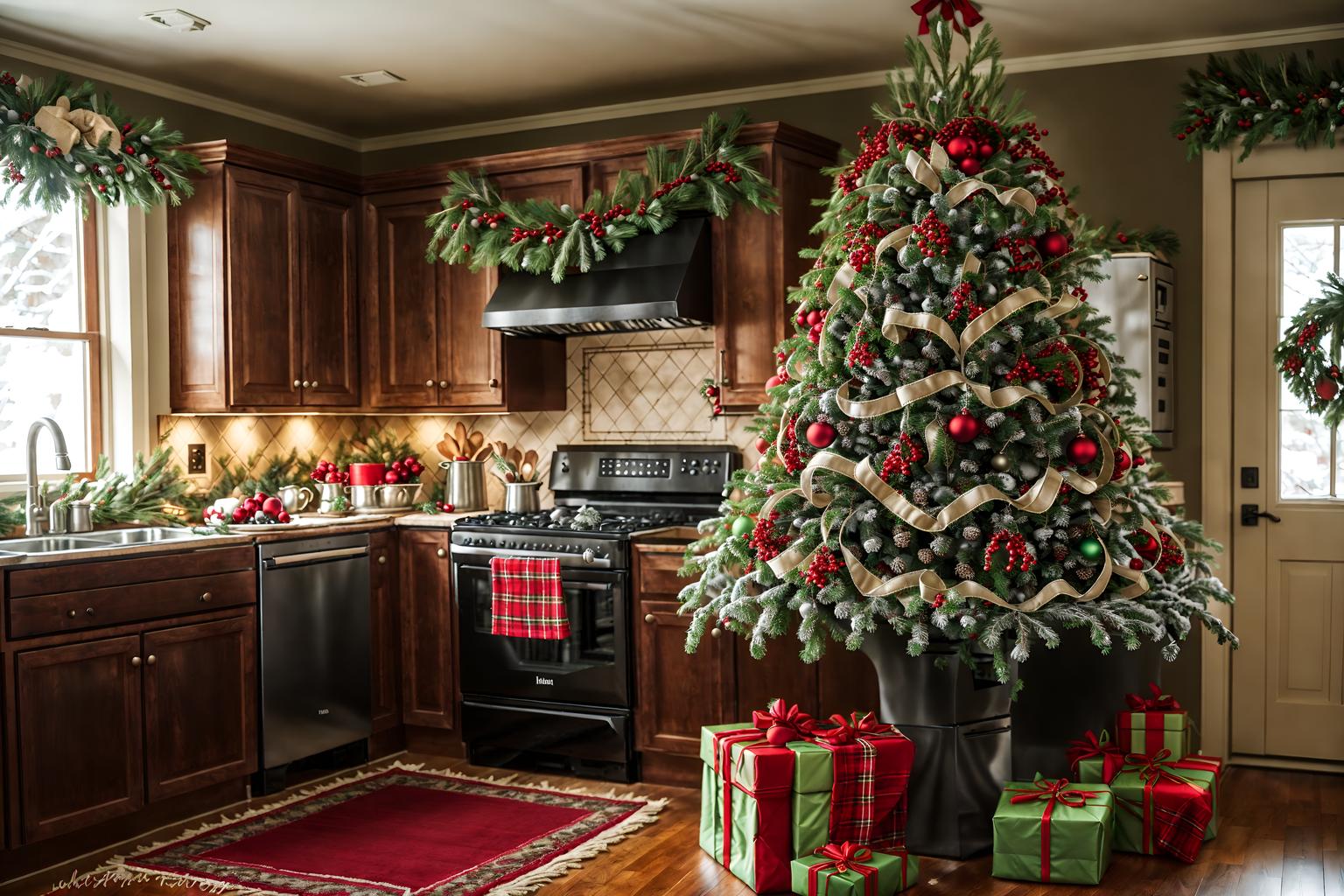 christmas-style (kitchen interior) with stove and kitchen cabinets and plant and worktops and sink and refrigerator and stove. . with snow outside and ribbons and plaid rugs and tie pinecones and berries and giftwrapped gifts and berries and greenery draped and a few big socks hanging and christmas ornaments. . cinematic photo, highly detailed, cinematic lighting, ultra-detailed, ultrarealistic, photorealism, 8k. christmas interior design style. masterpiece, cinematic light, ultrarealistic+, photorealistic+, 8k, raw photo, realistic, sharp focus on eyes, (symmetrical eyes), (intact eyes), hyperrealistic, highest quality, best quality, , highly detailed, masterpiece, best quality, extremely detailed 8k wallpaper, masterpiece, best quality, ultra-detailed, best shadow, detailed background, detailed face, detailed eyes, high contrast, best illumination, detailed face, dulux, caustic, dynamic angle, detailed glow. dramatic lighting. highly detailed, insanely detailed hair, symmetrical, intricate details, professionally retouched, 8k high definition. strong bokeh. award winning photo.