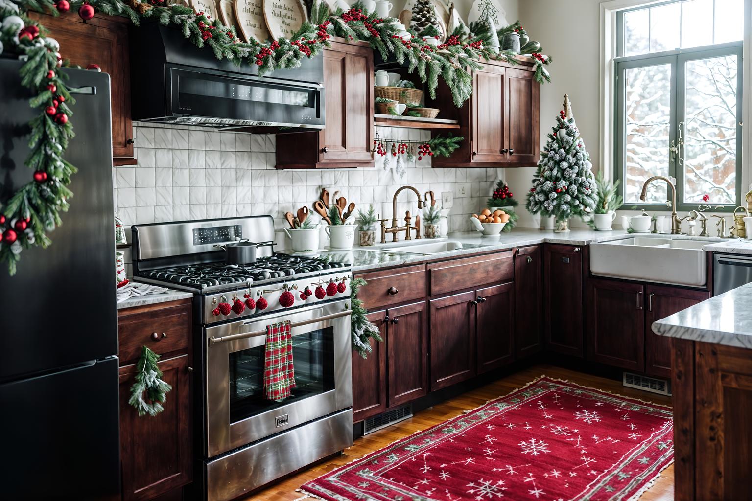 christmas-style (kitchen interior) with stove and kitchen cabinets and plant and worktops and sink and refrigerator and stove. . with snow outside and ribbons and plaid rugs and tie pinecones and berries and giftwrapped gifts and berries and greenery draped and a few big socks hanging and christmas ornaments. . cinematic photo, highly detailed, cinematic lighting, ultra-detailed, ultrarealistic, photorealism, 8k. christmas interior design style. masterpiece, cinematic light, ultrarealistic+, photorealistic+, 8k, raw photo, realistic, sharp focus on eyes, (symmetrical eyes), (intact eyes), hyperrealistic, highest quality, best quality, , highly detailed, masterpiece, best quality, extremely detailed 8k wallpaper, masterpiece, best quality, ultra-detailed, best shadow, detailed background, detailed face, detailed eyes, high contrast, best illumination, detailed face, dulux, caustic, dynamic angle, detailed glow. dramatic lighting. highly detailed, insanely detailed hair, symmetrical, intricate details, professionally retouched, 8k high definition. strong bokeh. award winning photo.