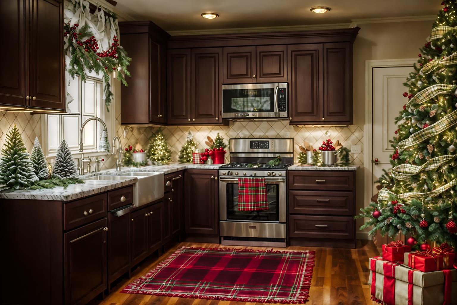 christmas-style (kitchen interior) with stove and kitchen cabinets and plant and worktops and sink and refrigerator and stove. . with snow outside and ribbons and plaid rugs and tie pinecones and berries and giftwrapped gifts and berries and greenery draped and a few big socks hanging and christmas ornaments. . cinematic photo, highly detailed, cinematic lighting, ultra-detailed, ultrarealistic, photorealism, 8k. christmas interior design style. masterpiece, cinematic light, ultrarealistic+, photorealistic+, 8k, raw photo, realistic, sharp focus on eyes, (symmetrical eyes), (intact eyes), hyperrealistic, highest quality, best quality, , highly detailed, masterpiece, best quality, extremely detailed 8k wallpaper, masterpiece, best quality, ultra-detailed, best shadow, detailed background, detailed face, detailed eyes, high contrast, best illumination, detailed face, dulux, caustic, dynamic angle, detailed glow. dramatic lighting. highly detailed, insanely detailed hair, symmetrical, intricate details, professionally retouched, 8k high definition. strong bokeh. award winning photo.