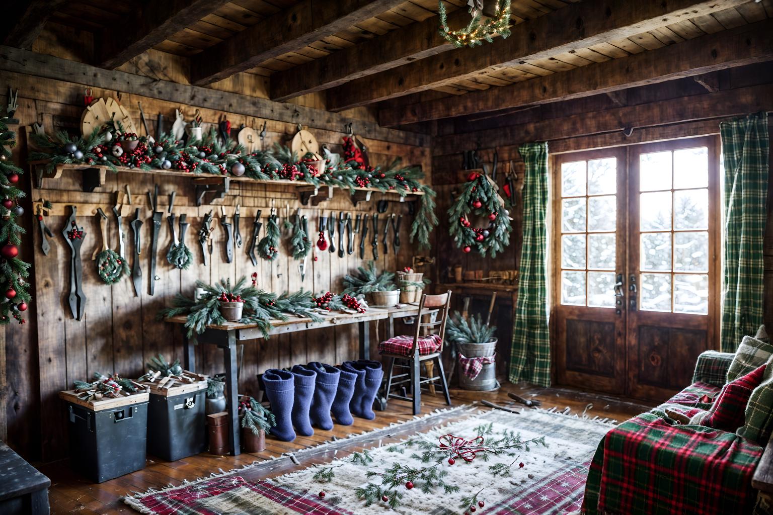 christmas-style (workshop interior) with tool wall and messy and wooden workbench and tool wall. . with snow outside and a few big socks hanging and berries and greenery draped and plaid rugs and christmas ornaments and tie pinecones and berries and ribbons and giftwrapped gifts. . cinematic photo, highly detailed, cinematic lighting, ultra-detailed, ultrarealistic, photorealism, 8k. christmas interior design style. masterpiece, cinematic light, ultrarealistic+, photorealistic+, 8k, raw photo, realistic, sharp focus on eyes, (symmetrical eyes), (intact eyes), hyperrealistic, highest quality, best quality, , highly detailed, masterpiece, best quality, extremely detailed 8k wallpaper, masterpiece, best quality, ultra-detailed, best shadow, detailed background, detailed face, detailed eyes, high contrast, best illumination, detailed face, dulux, caustic, dynamic angle, detailed glow. dramatic lighting. highly detailed, insanely detailed hair, symmetrical, intricate details, professionally retouched, 8k high definition. strong bokeh. award winning photo.