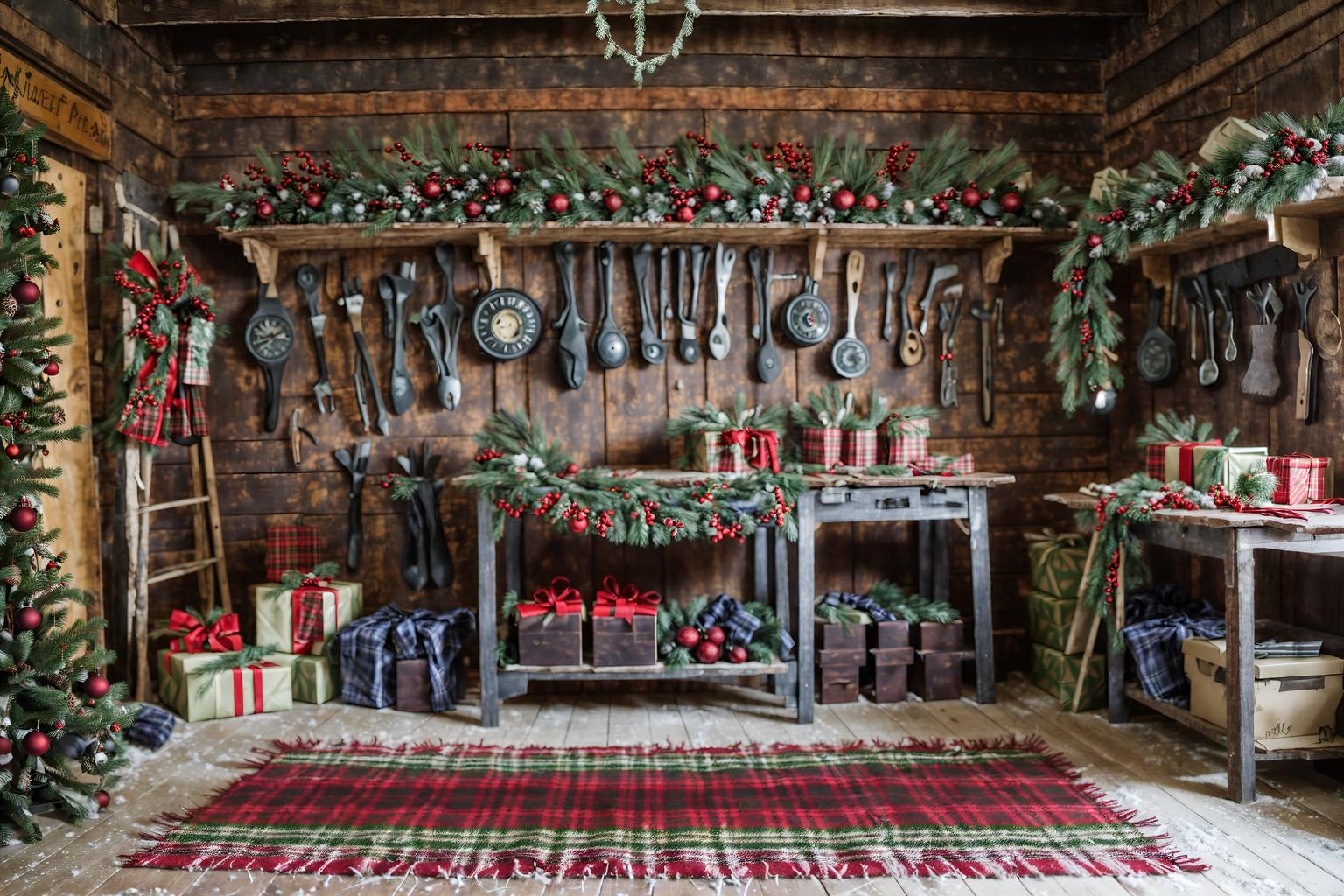 christmas-style (workshop interior) with tool wall and messy and wooden workbench and tool wall. . with snow outside and a few big socks hanging and berries and greenery draped and plaid rugs and christmas ornaments and tie pinecones and berries and ribbons and giftwrapped gifts. . cinematic photo, highly detailed, cinematic lighting, ultra-detailed, ultrarealistic, photorealism, 8k. christmas interior design style. masterpiece, cinematic light, ultrarealistic+, photorealistic+, 8k, raw photo, realistic, sharp focus on eyes, (symmetrical eyes), (intact eyes), hyperrealistic, highest quality, best quality, , highly detailed, masterpiece, best quality, extremely detailed 8k wallpaper, masterpiece, best quality, ultra-detailed, best shadow, detailed background, detailed face, detailed eyes, high contrast, best illumination, detailed face, dulux, caustic, dynamic angle, detailed glow. dramatic lighting. highly detailed, insanely detailed hair, symmetrical, intricate details, professionally retouched, 8k high definition. strong bokeh. award winning photo.